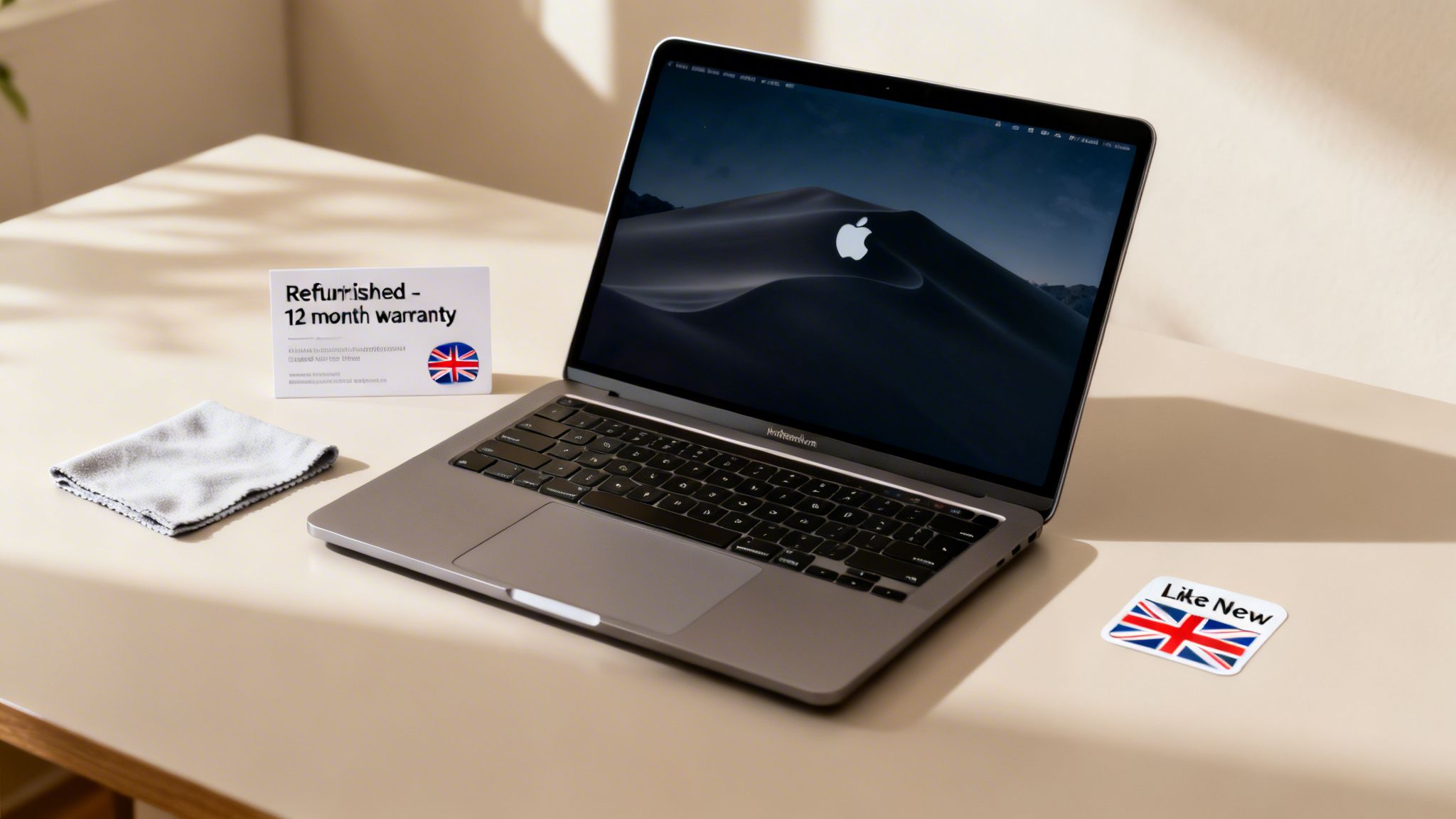 A refurbished MacBook Pro laptop on a desk with a warranty card, cleaning cloth, and 'Like New' sticker.