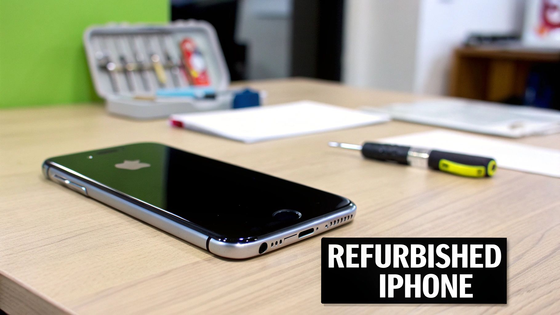 A hand holding a refurbished iPhone with a green leaf symbol on the screen, representing its eco-friendly benefit.