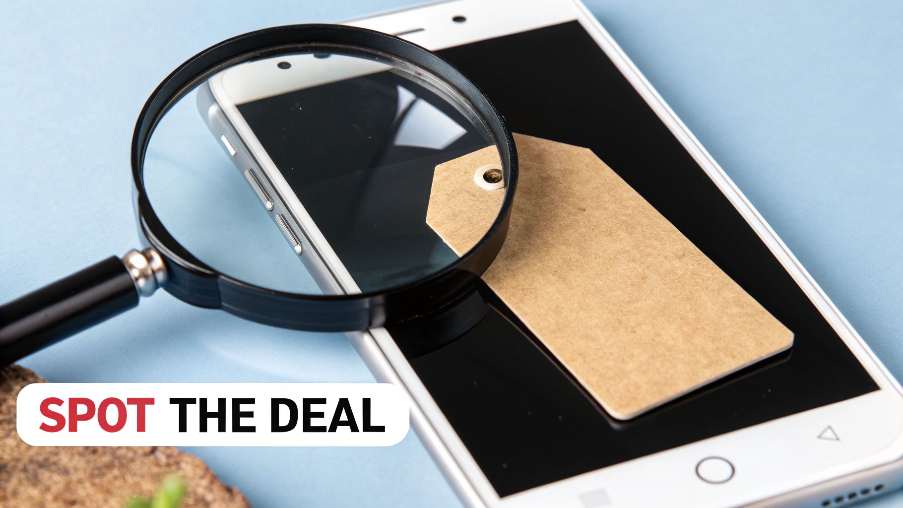 A person holding a magnifying glass over an iPhone, symbolizing careful inspection.