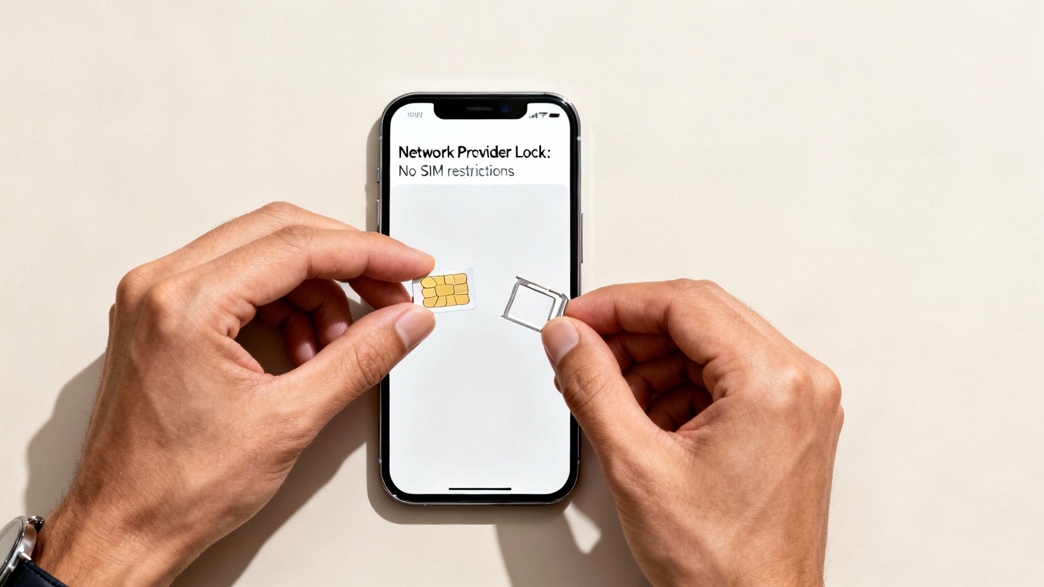 Hands holding a SIM card and tray in front of an iPhone displaying 'No SIM restrictions'.