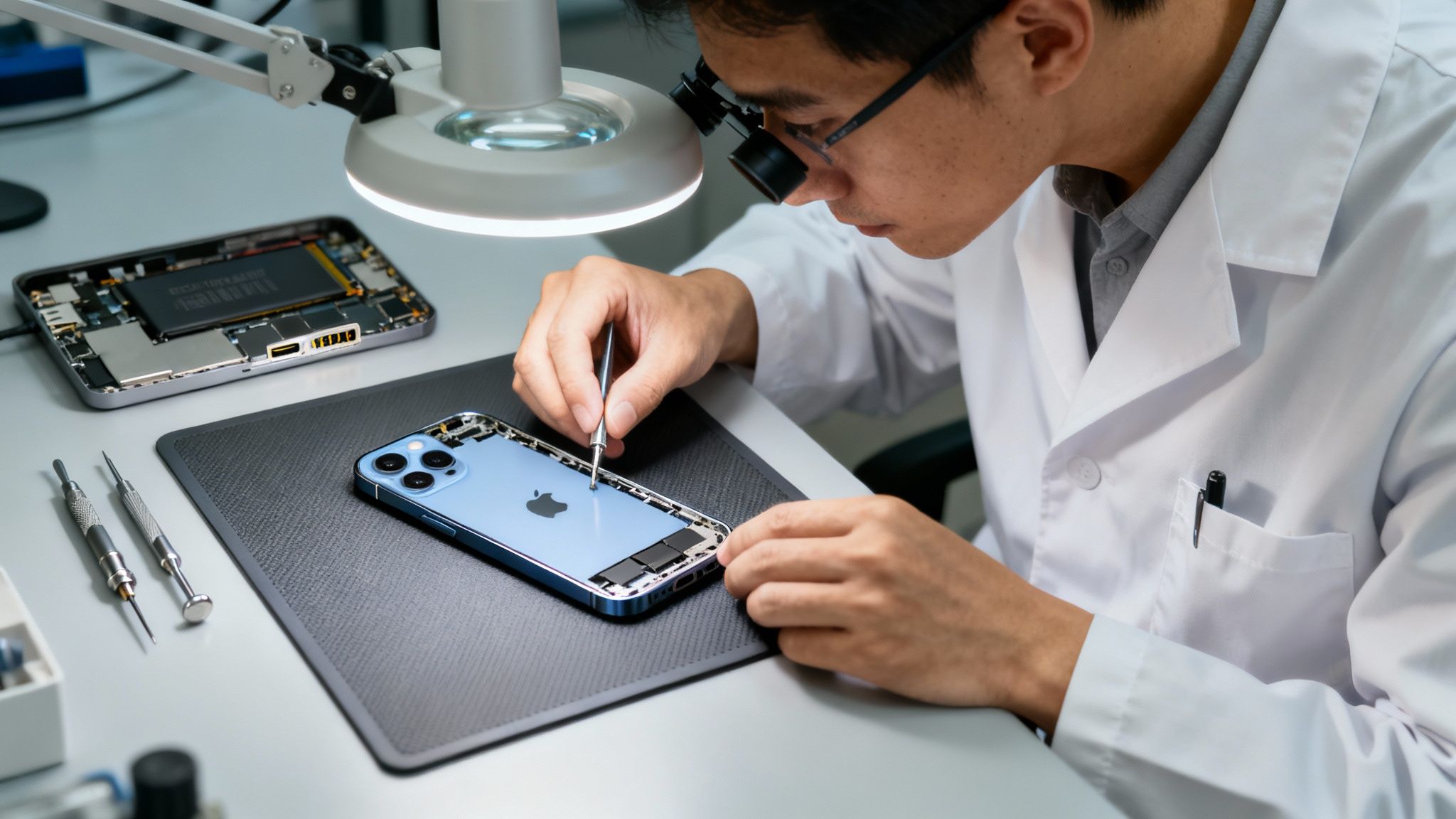 A technician in a lab coat repairs a blue iPhone under a magnifying lamp with precision tools.