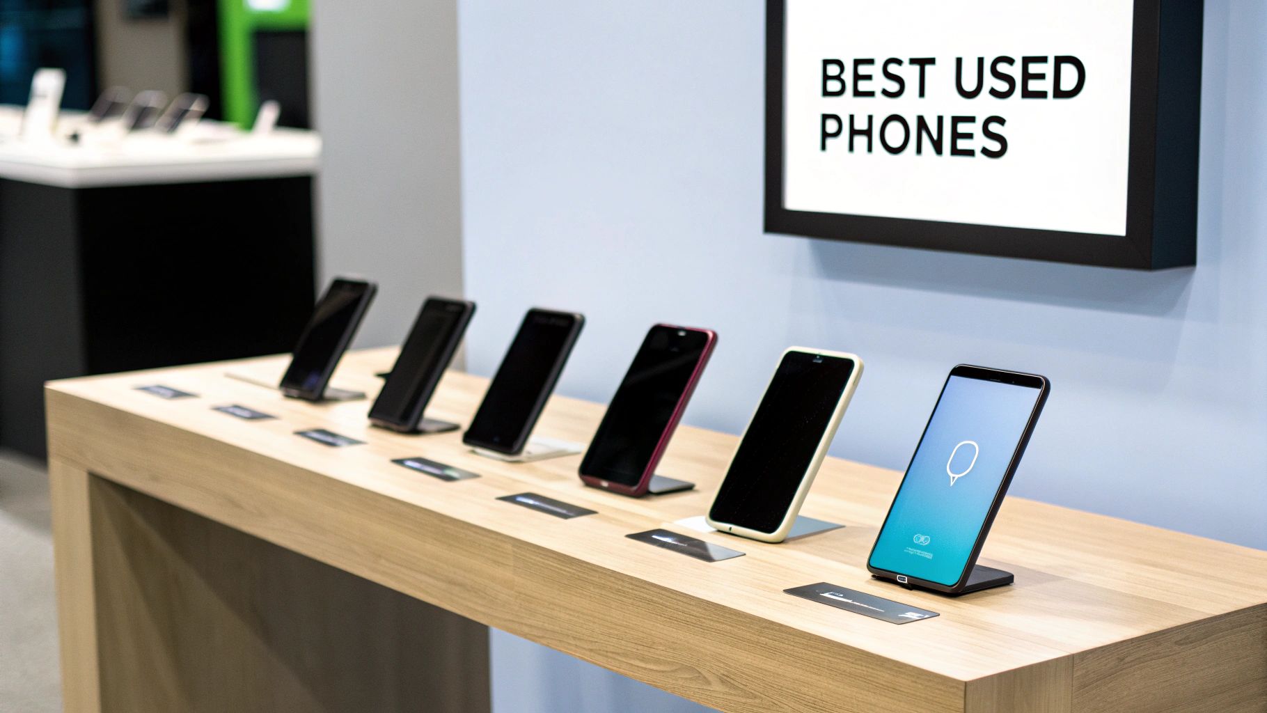 A person holding and looking at a smartphone, with a blurred background of a city street.