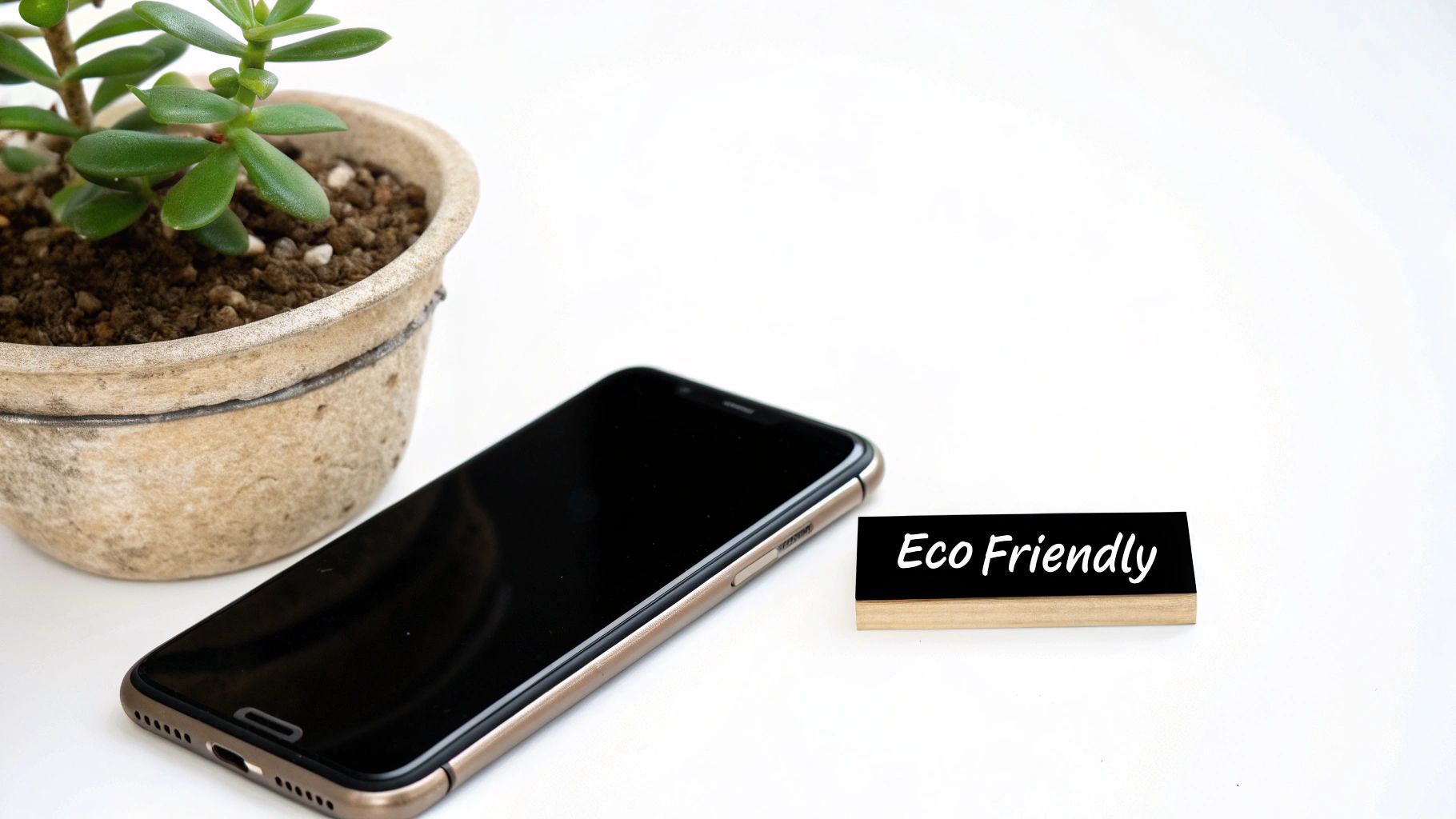 A person holding an old smartphone with a green leaf symbol on the screen, representing the positive environmental impact of selling it.