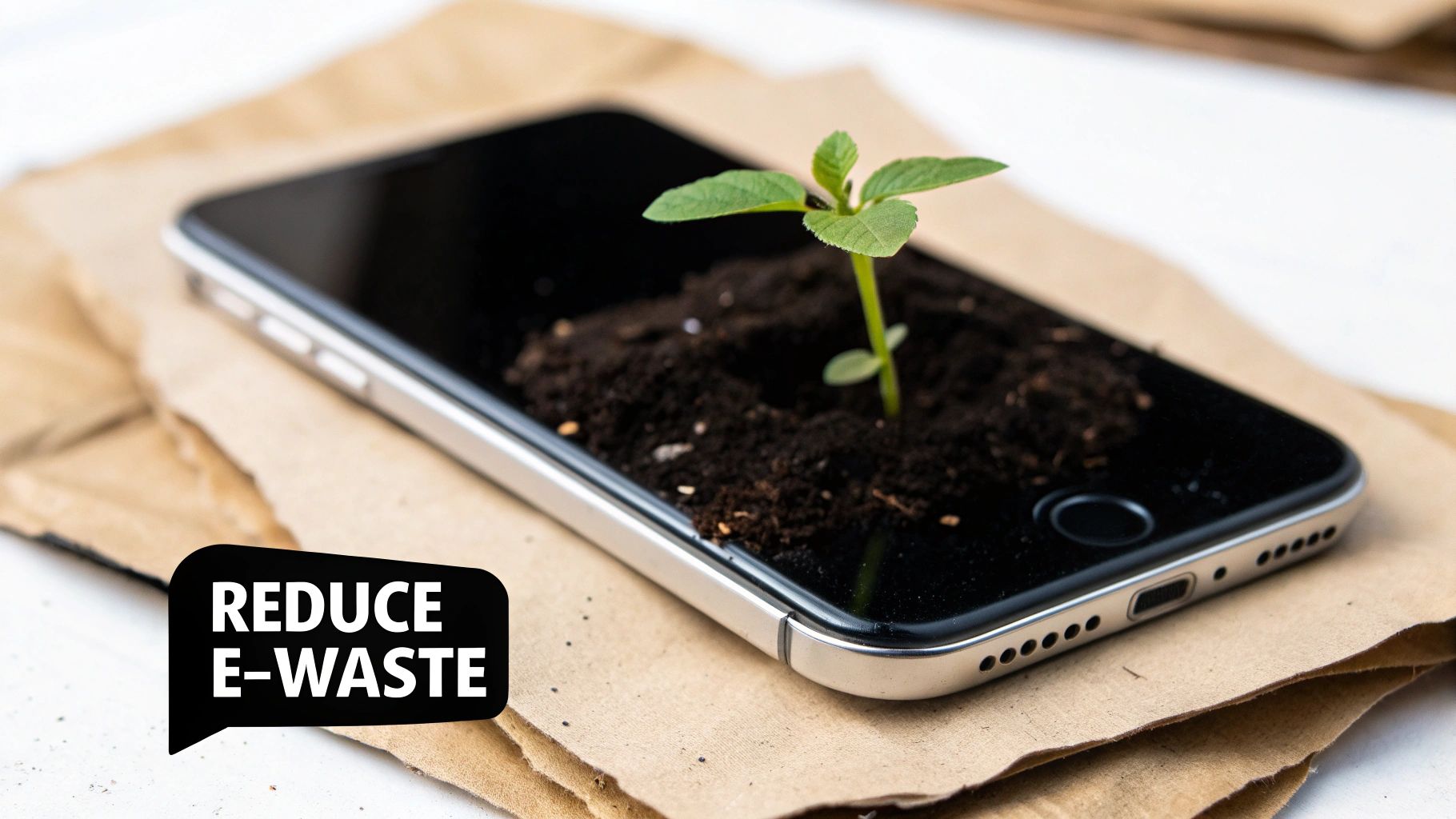 A green leaf cradling a smartphone, with recycling symbols in the background.