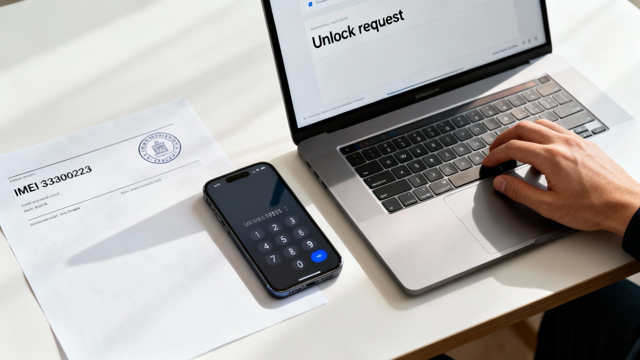 A person uses a laptop for an "Unlock request" next to a smartphone and an IMEI document.