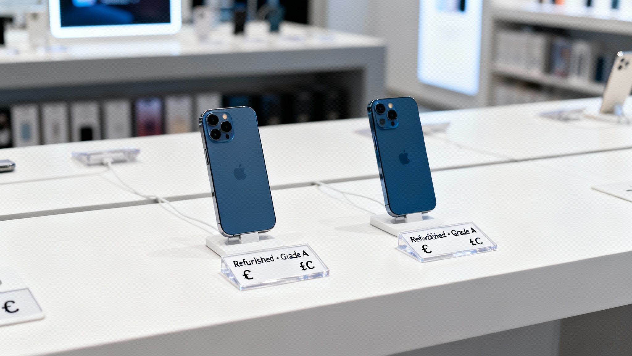 Two blue refurbished iPhones on display in a retail store, showing Grade A condition and prices.