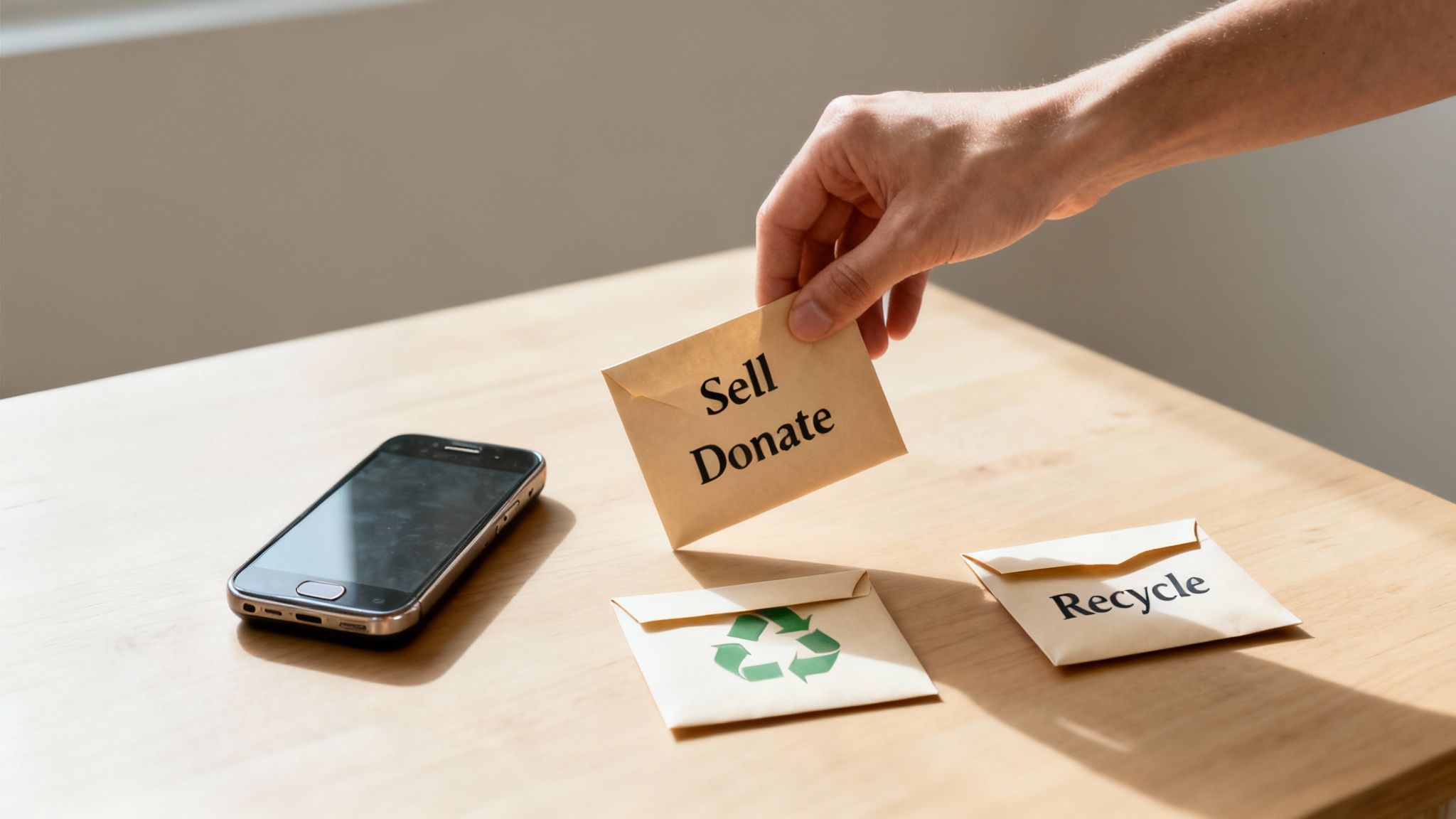 A hand holds an envelope labeled 'Sell Donate' above others for recycling, next to a smartphone.