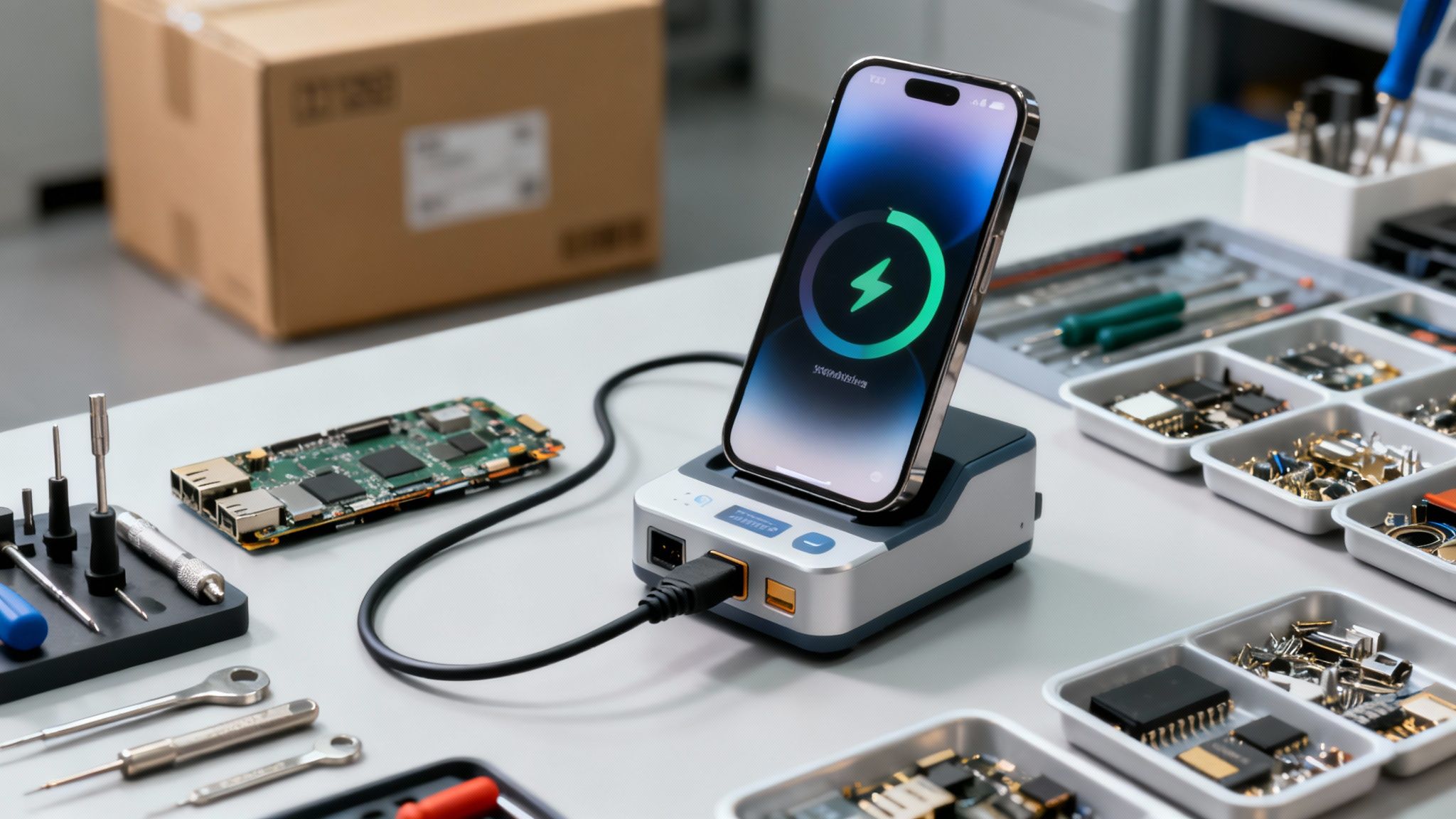 A smartphone charging in a dock, surrounded by electronic components, circuit board, and tools on a workbench.