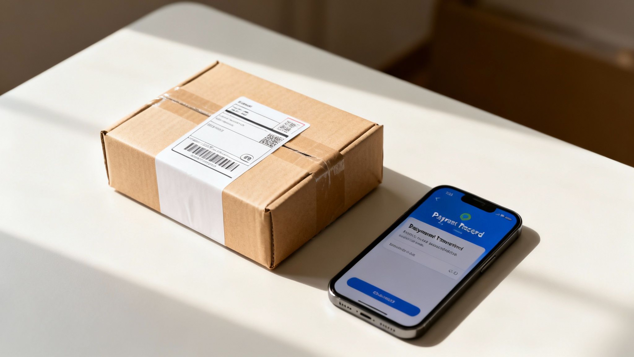 A brown cardboard delivery box with a shipping label next to a smartphone showing a payment record app.