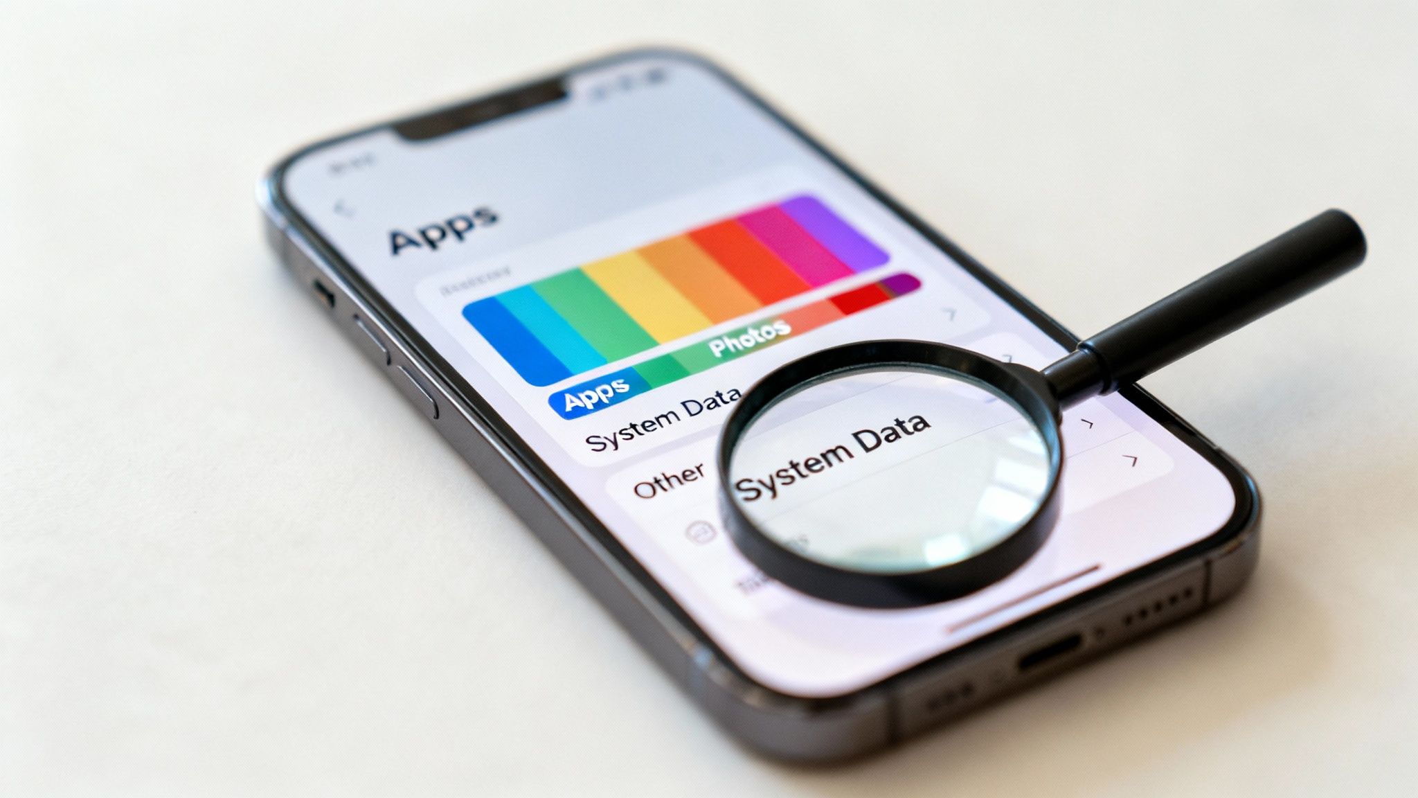 A magnifying glass inspects 'System Data' on an iPhone's storage settings screen, showing apps and photos.
