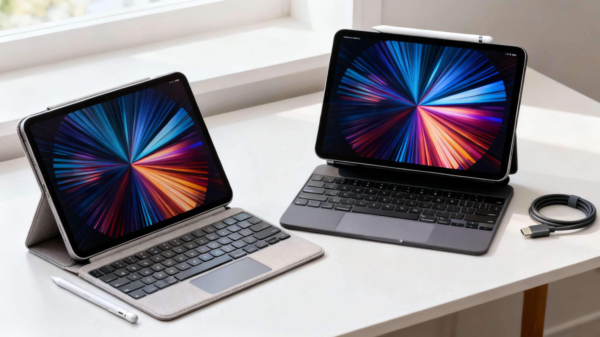 Two Apple iPads with keyboard cases and styluses on a white desk.