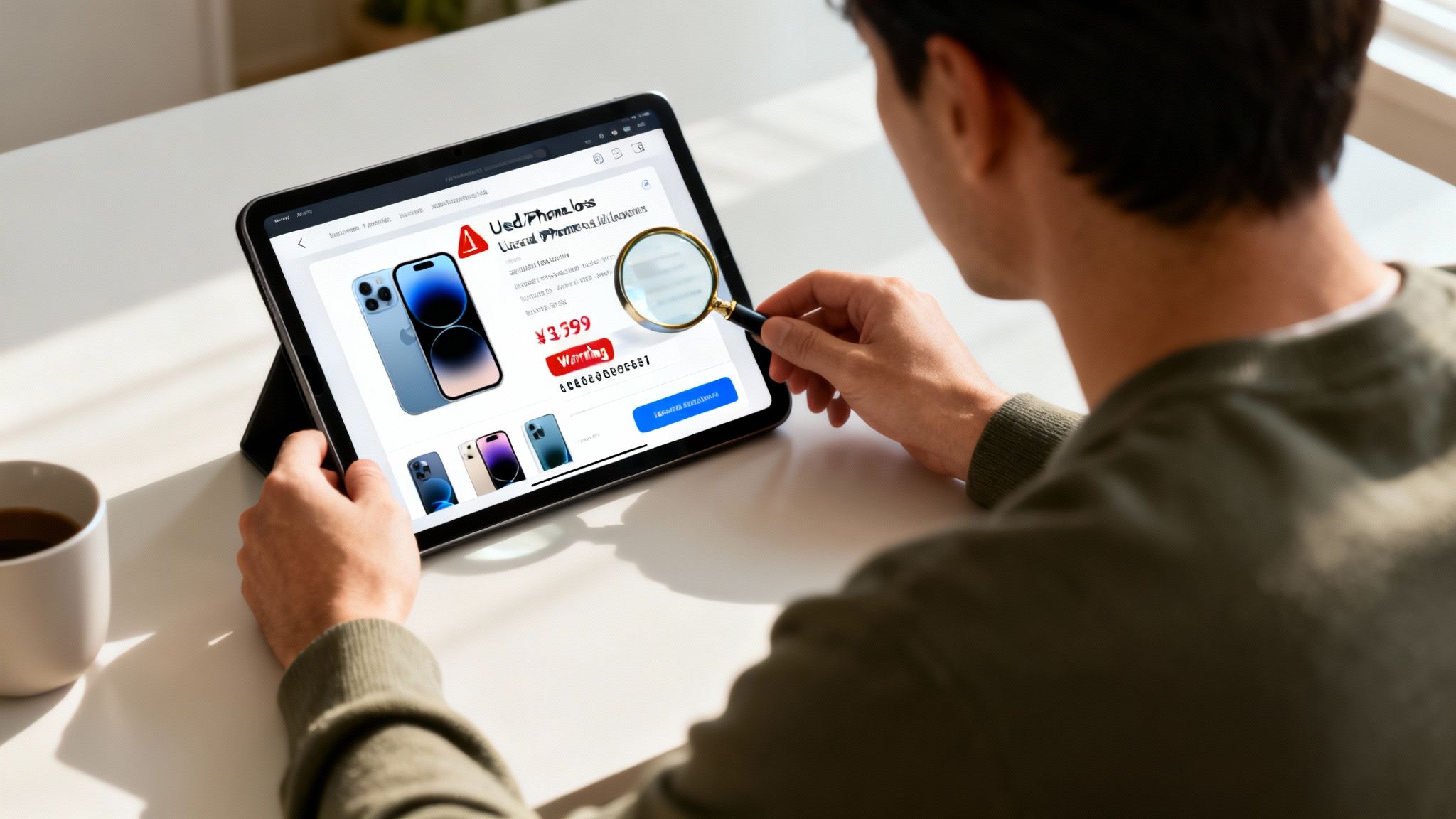 A man closely inspects a product page for a used iPhone on a tablet with a magnifying glass.