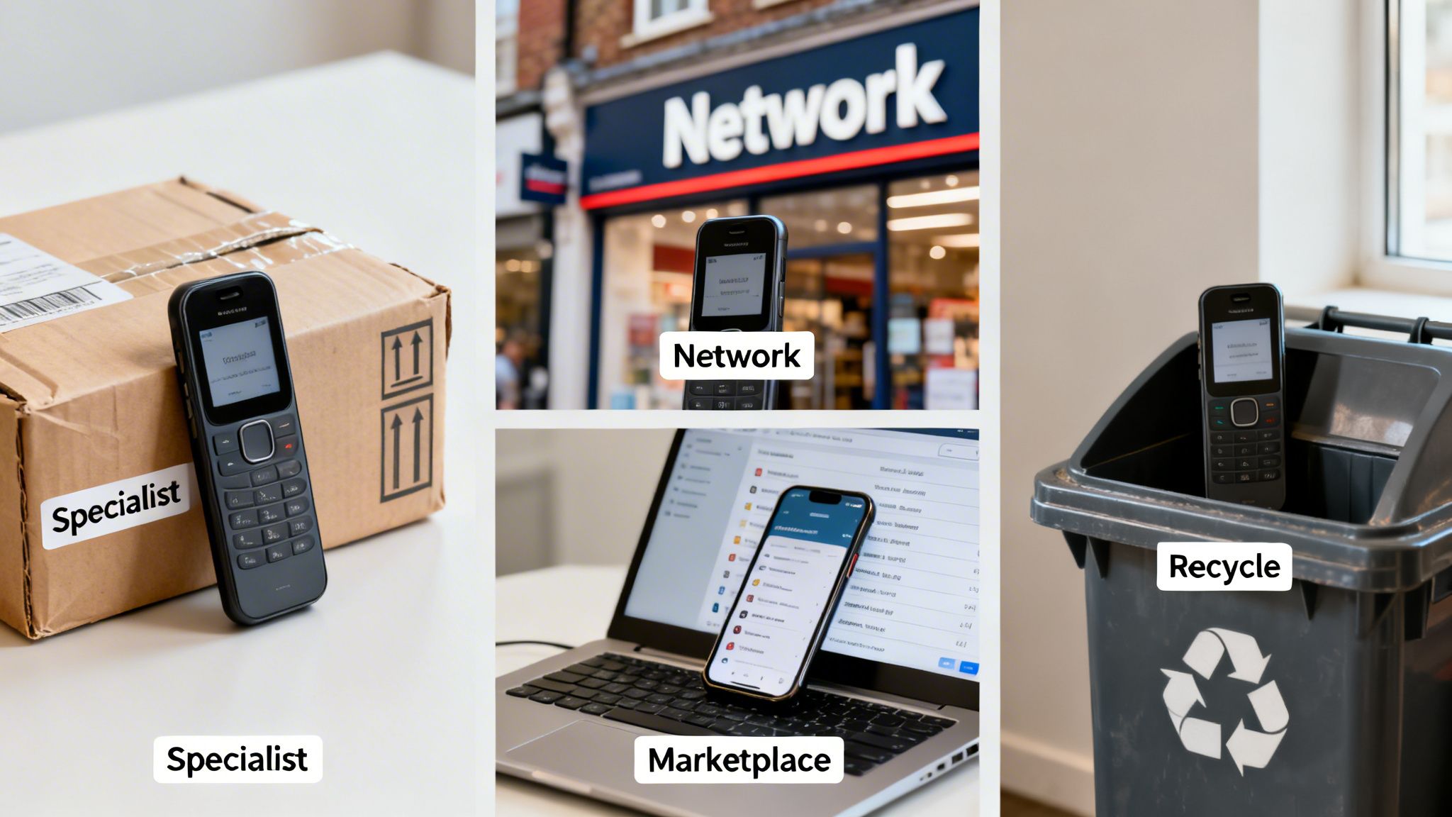 Various phones in different settings: packaging, network store, marketplace app on laptop, and recycling bin.