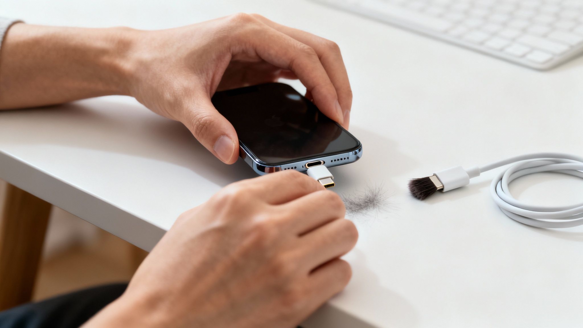 Person cleaning a phone's charging port with a brush attached to a USB-C cable.