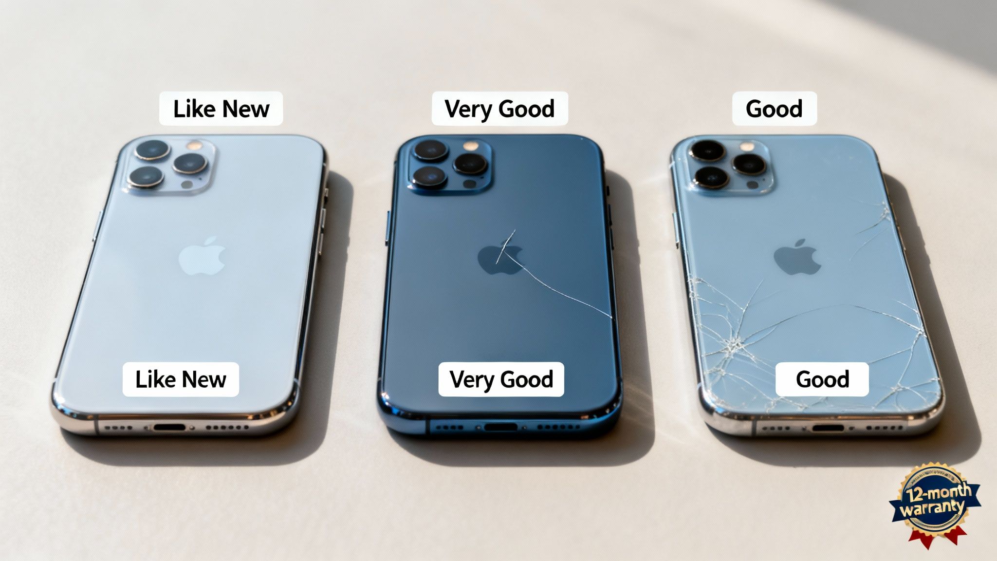 Three refurbished iPhones demonstrating 'Like New', 'Very Good' (one crack), and 'Good' (multiple cracks) conditions.