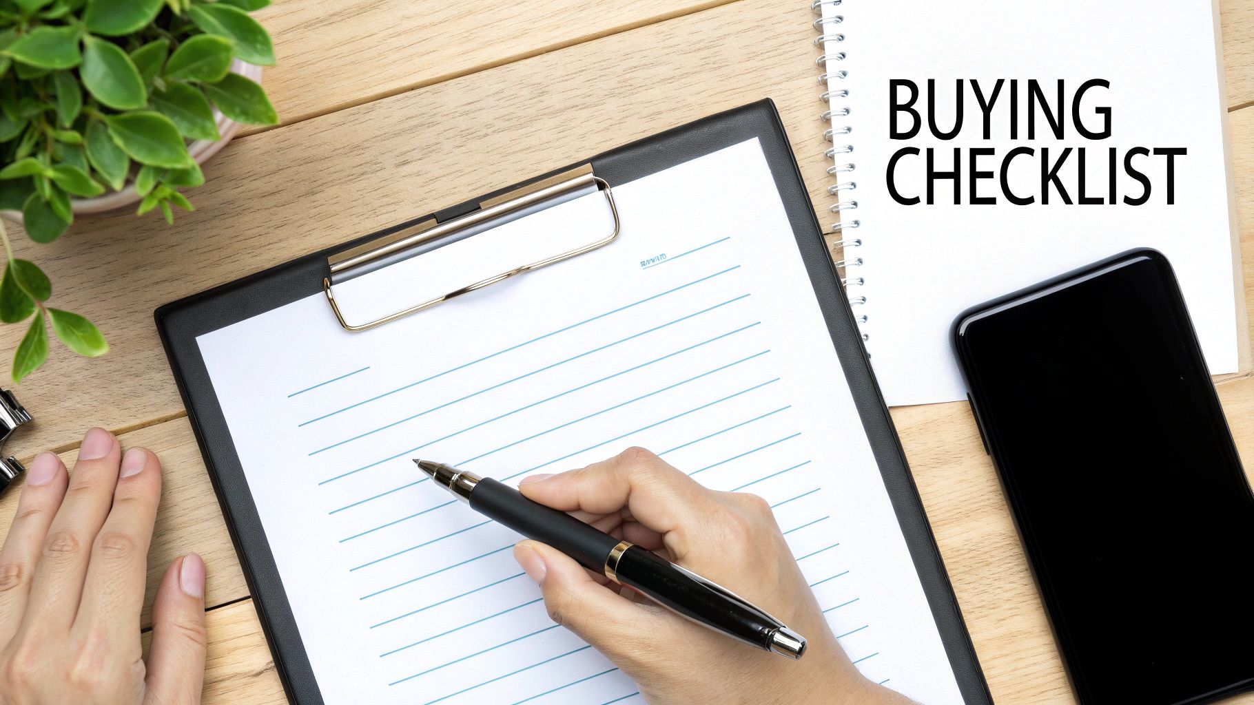 A person's hands holding an iPhone, carefully inspecting the screen and sides with a checklist icon overlayed on the image.