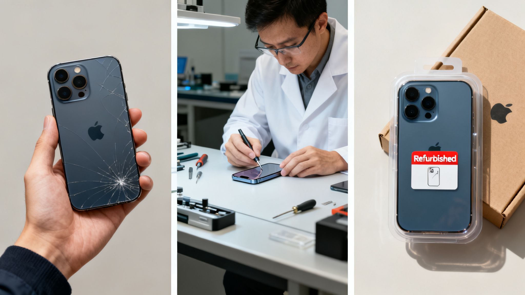 A three-panel image showing a cracked iPhone, a technician repairing it, and a refurbished iPhone packaged.