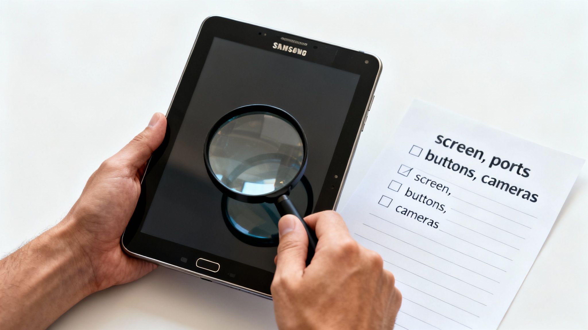 A person inspects a Samsung tablet with a magnifying glass next to a checklist for quality control.
