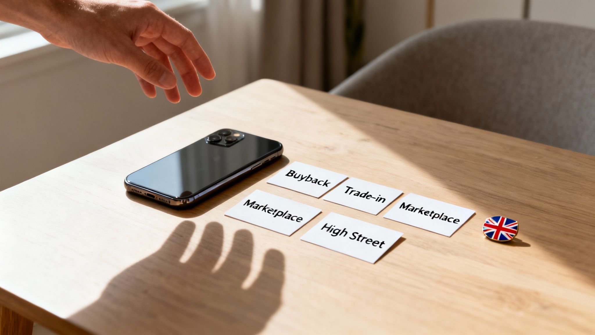 A hand reaching for an iPhone on a table with cards showing selling options and a UK flag pin.