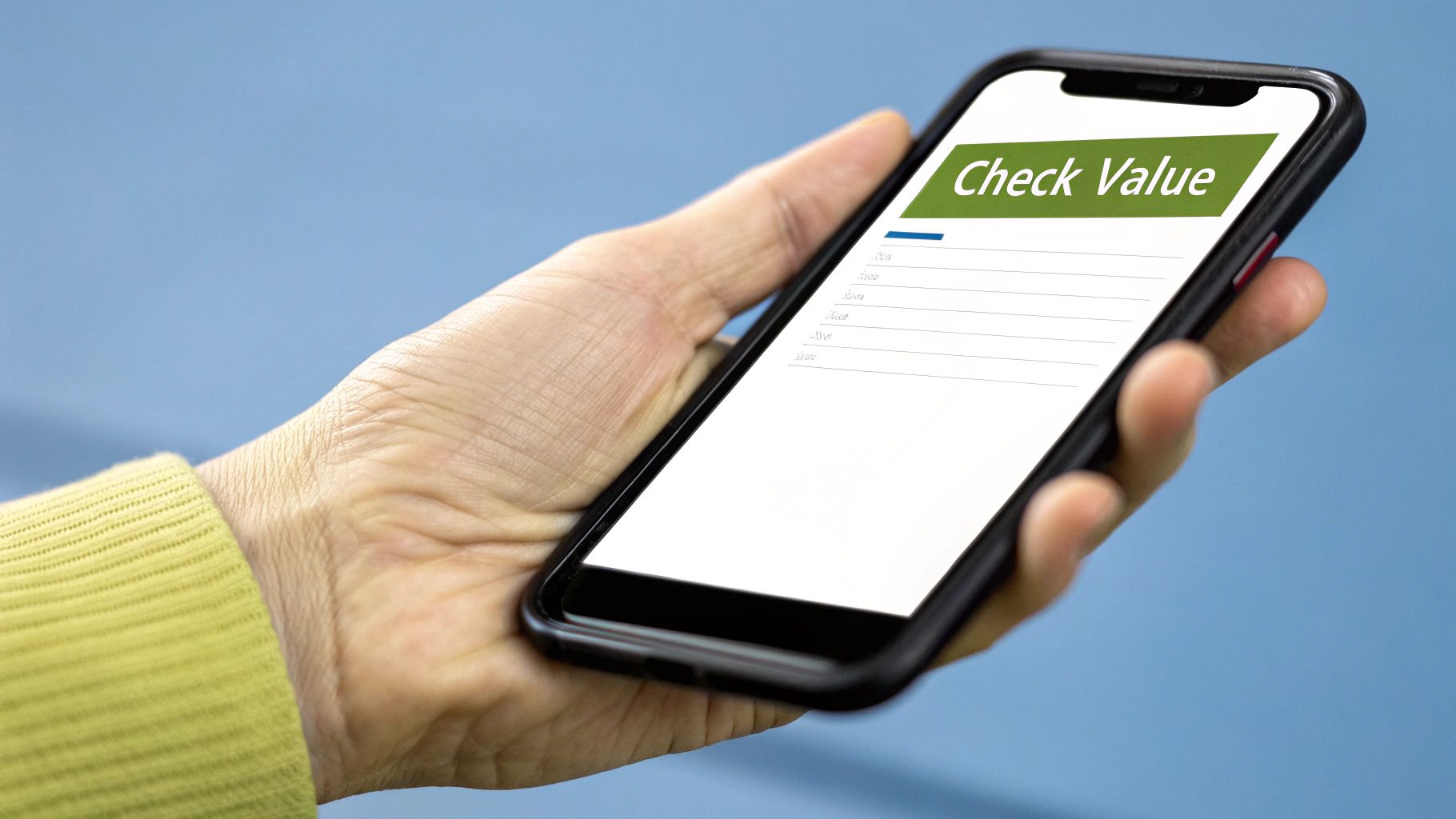 A person holding a smartphone with a pound sterling symbol on the screen, indicating its value.