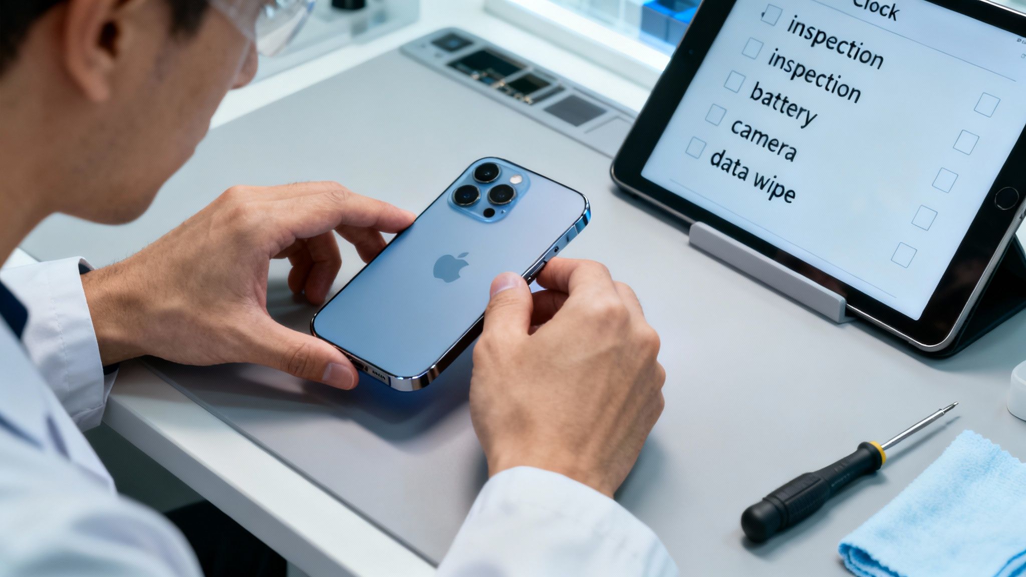 A technician in a lab coat inspecting a blue iPhone 13 Pro Max on a workbench.
