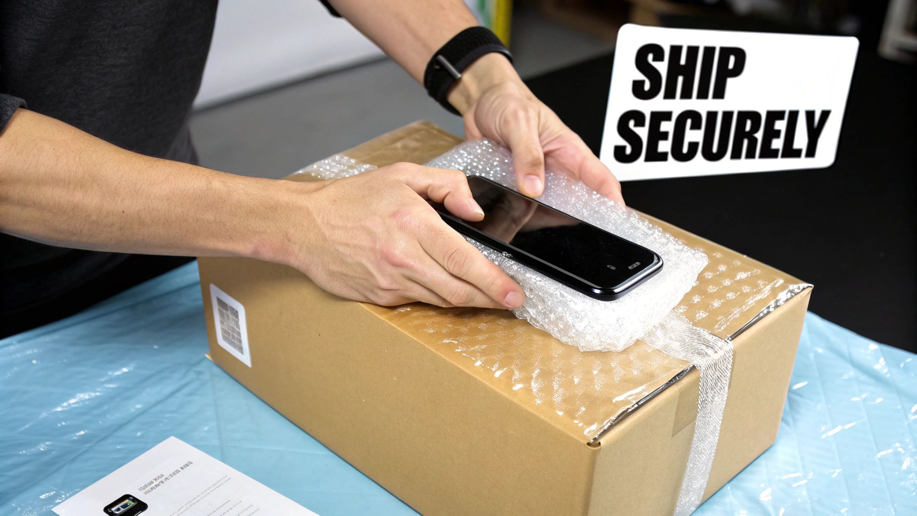 A person carefully placing a smartphone into a box with bubble wrap