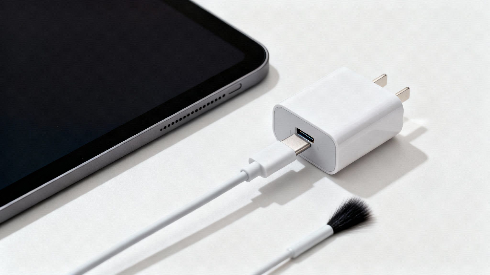 A gray tablet with a dark screen, white USB charger, and charging cable on a white surface, with a small brush.