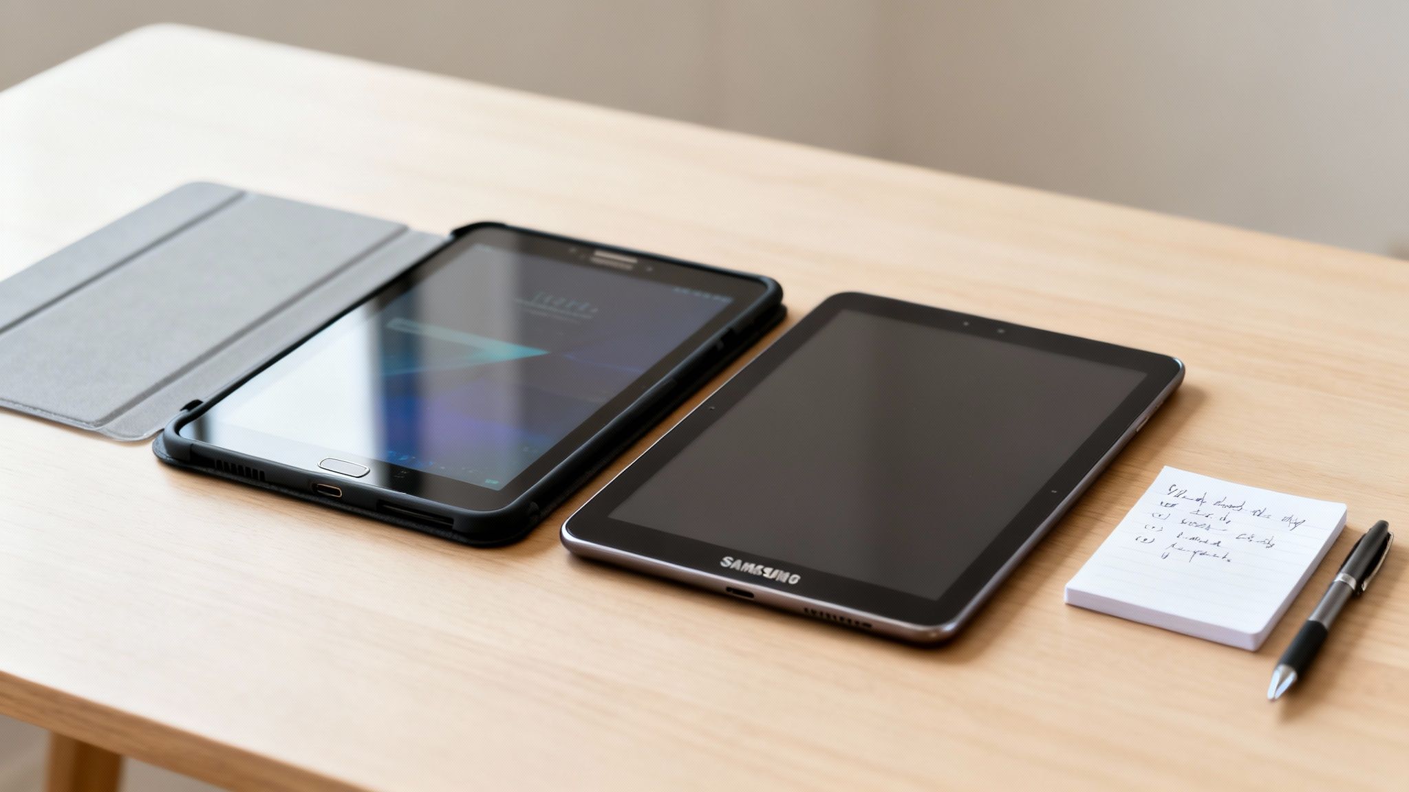 Two tablets, one covered, with a notepad and pen on a light wooden desk.
