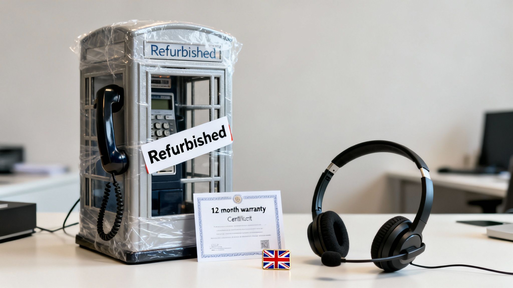 Refurbished miniature UK phone booth, 12-month warranty certificate, UK flag, and headset on a desk.