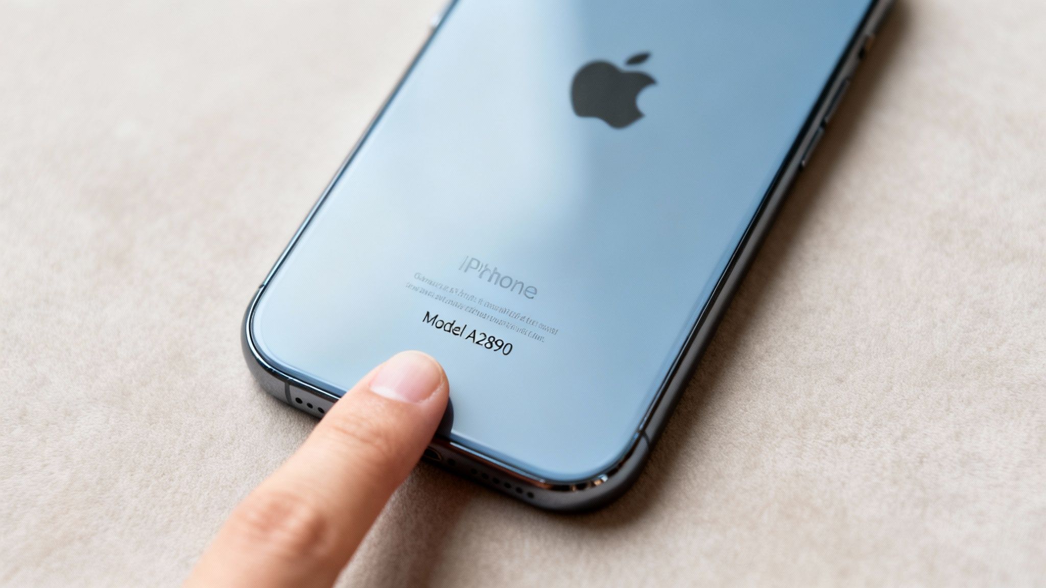 A person's finger points at the "Model A2890" text on the back of a light blue iPhone.