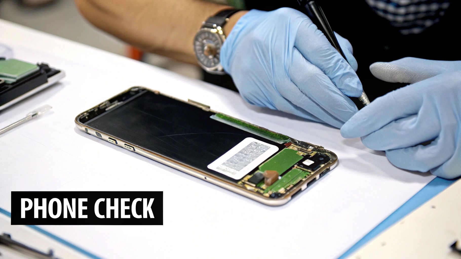 A smiling person happily holding up their new-to-them second hand cell phone.