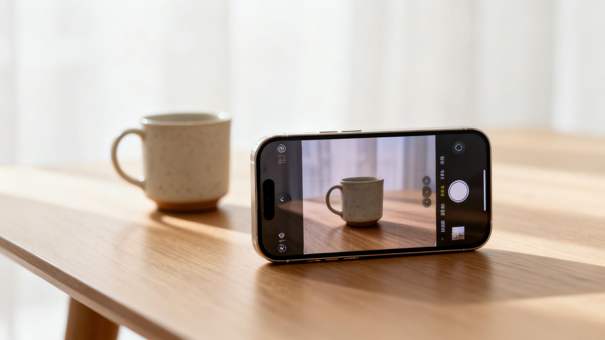 An iPhone takes a picture of a ceramic mug on a light wooden table, with another mug blurred in the background.