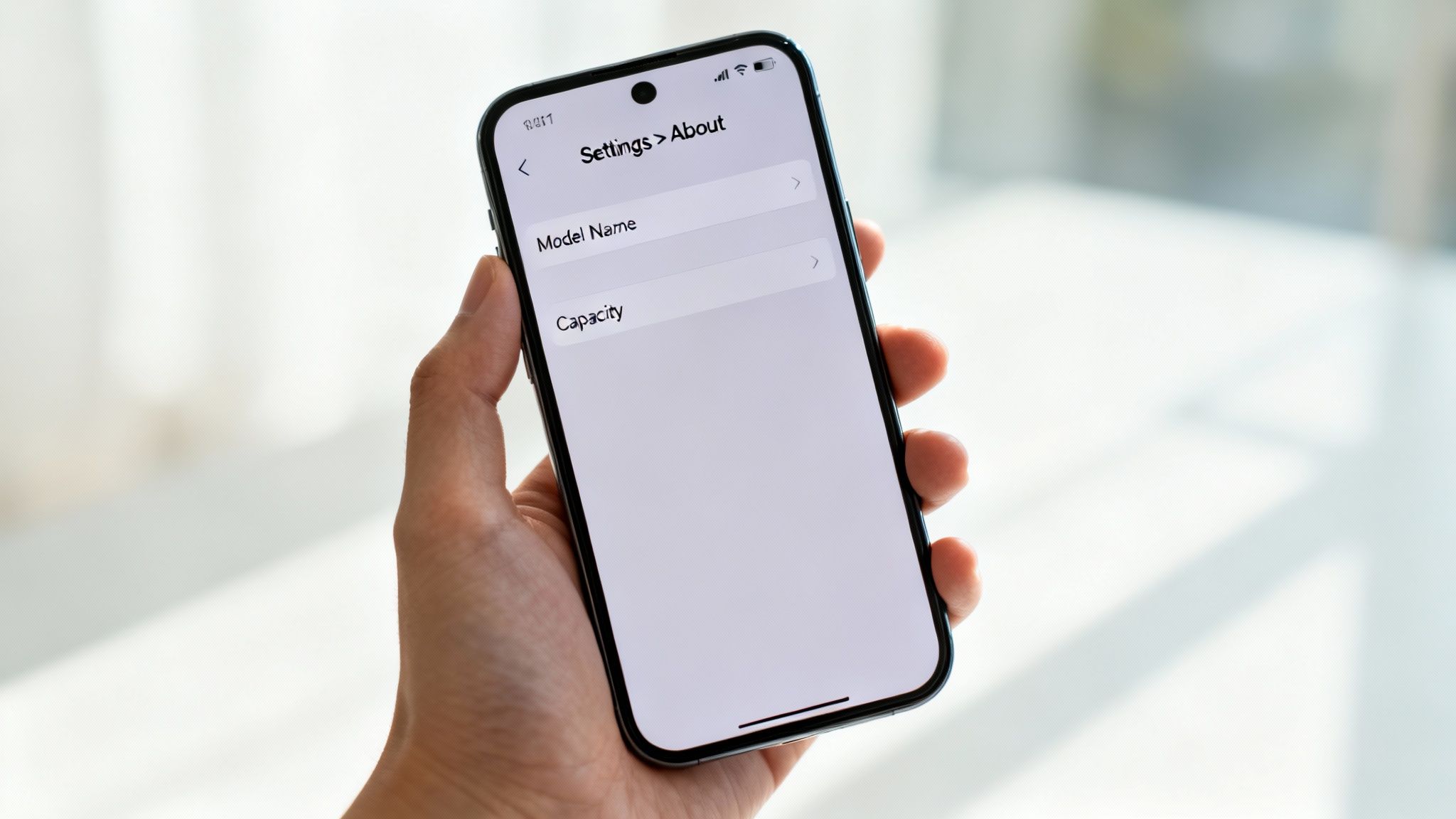 A hand holding a smartphone displaying the 'Settings > About' screen with 'Model Name' and 'Capacity' options.