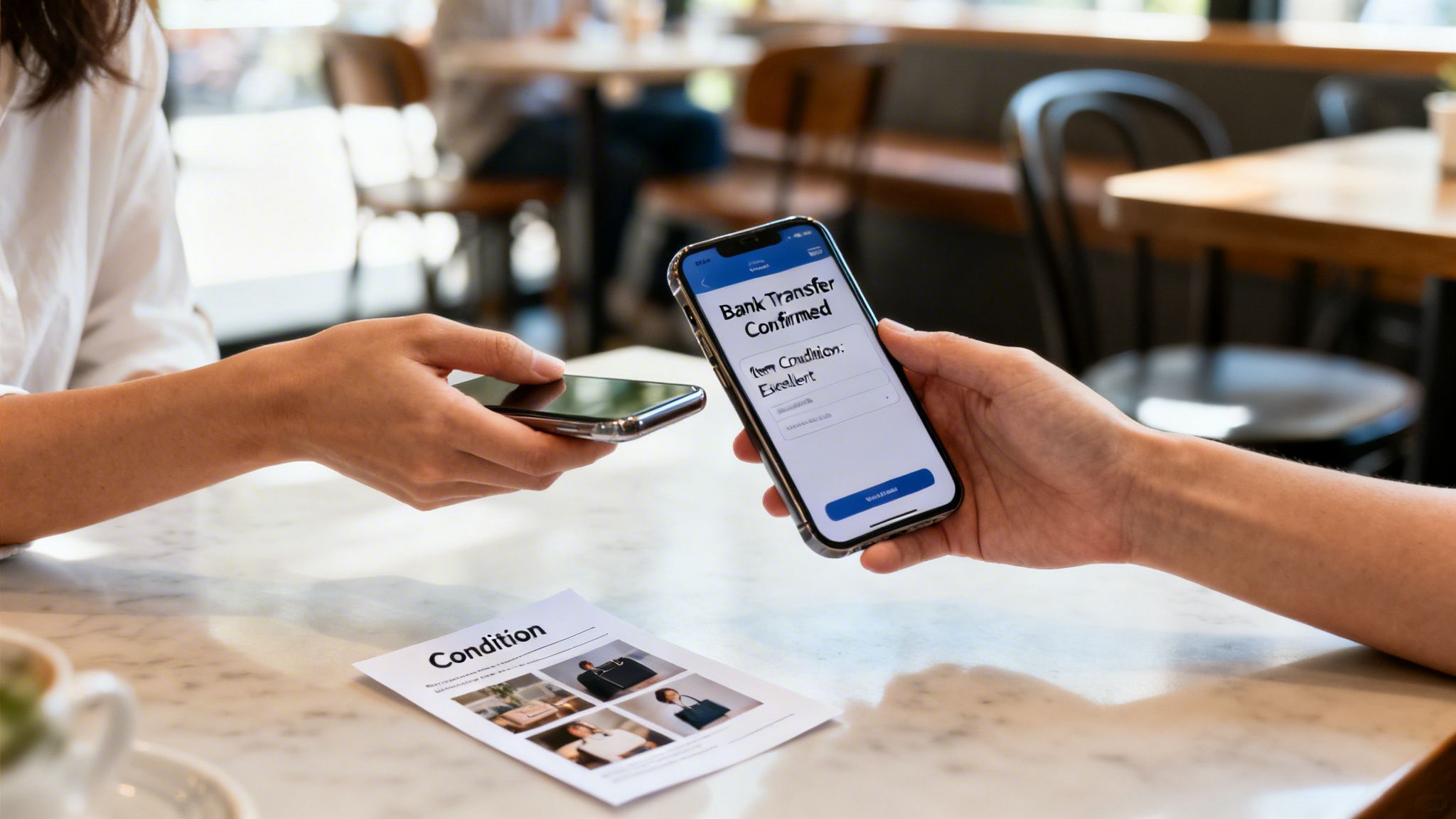 Two people exchanging smartphones to confirm a bank transfer for a transaction, with a document on the table.