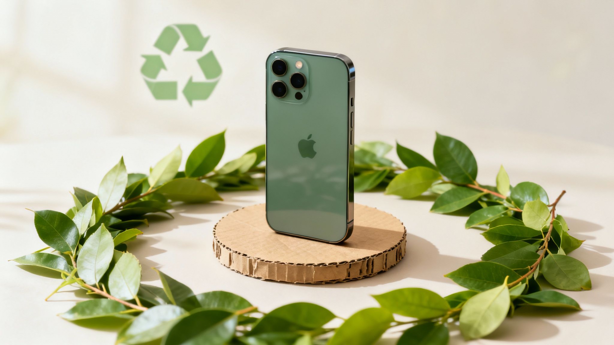 Green iPhone on a circular cardboard stand, surrounded by fresh leaves, with a recycling symbol.