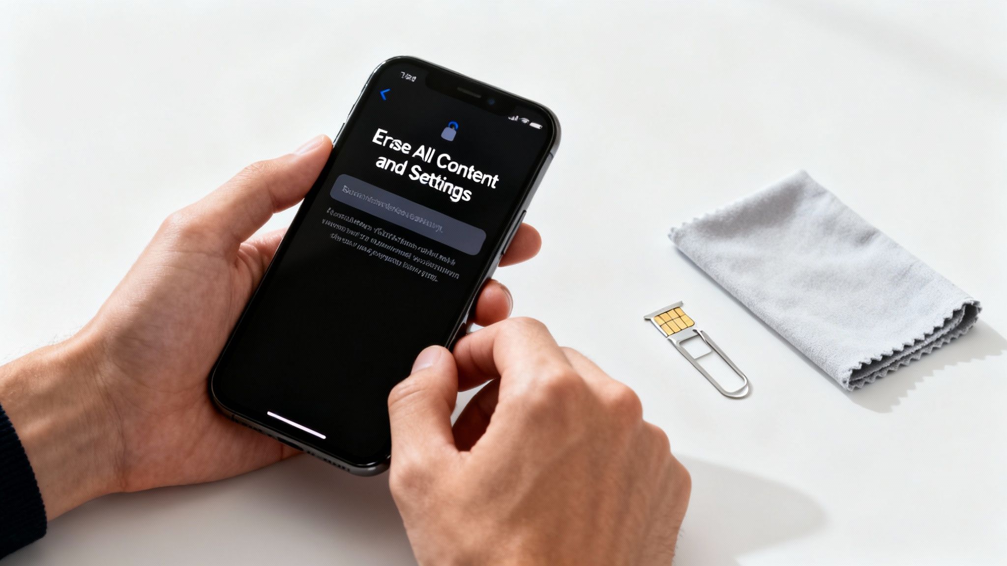 A person holds an an iPhone displaying 'Erase All Content and Settings' with a SIM card and cloth nearby.
