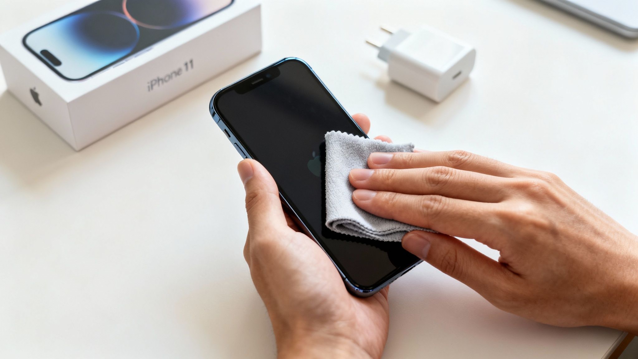 Hands cleaning an iPhone screen with a microfiber cloth, an iPhone 11 box and charger in the background.