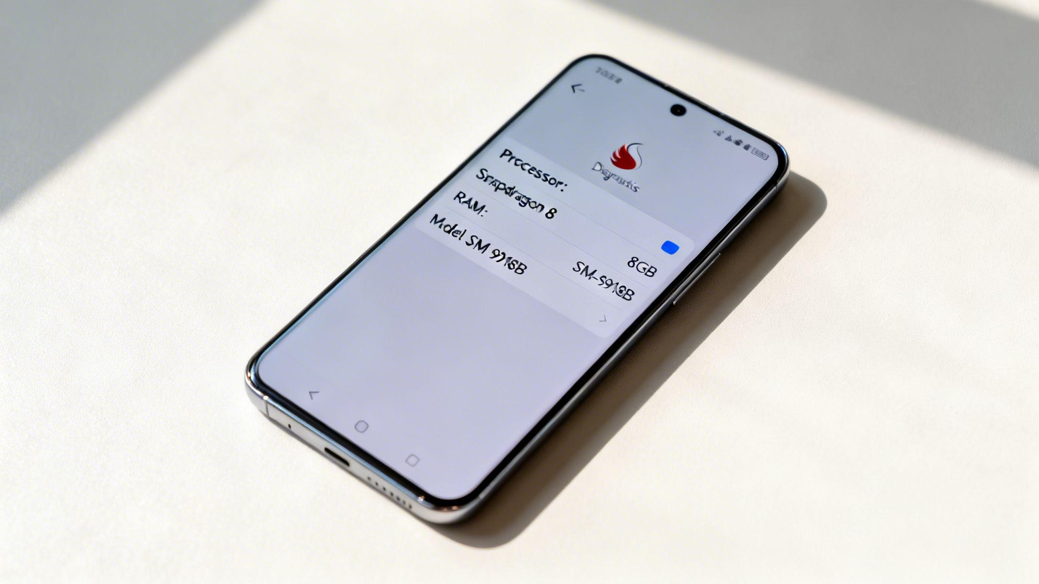 Close-up of a smartphone screen showing device specifications, including Snapdragon 8 processor, 8GB RAM, and model SM-S918B.