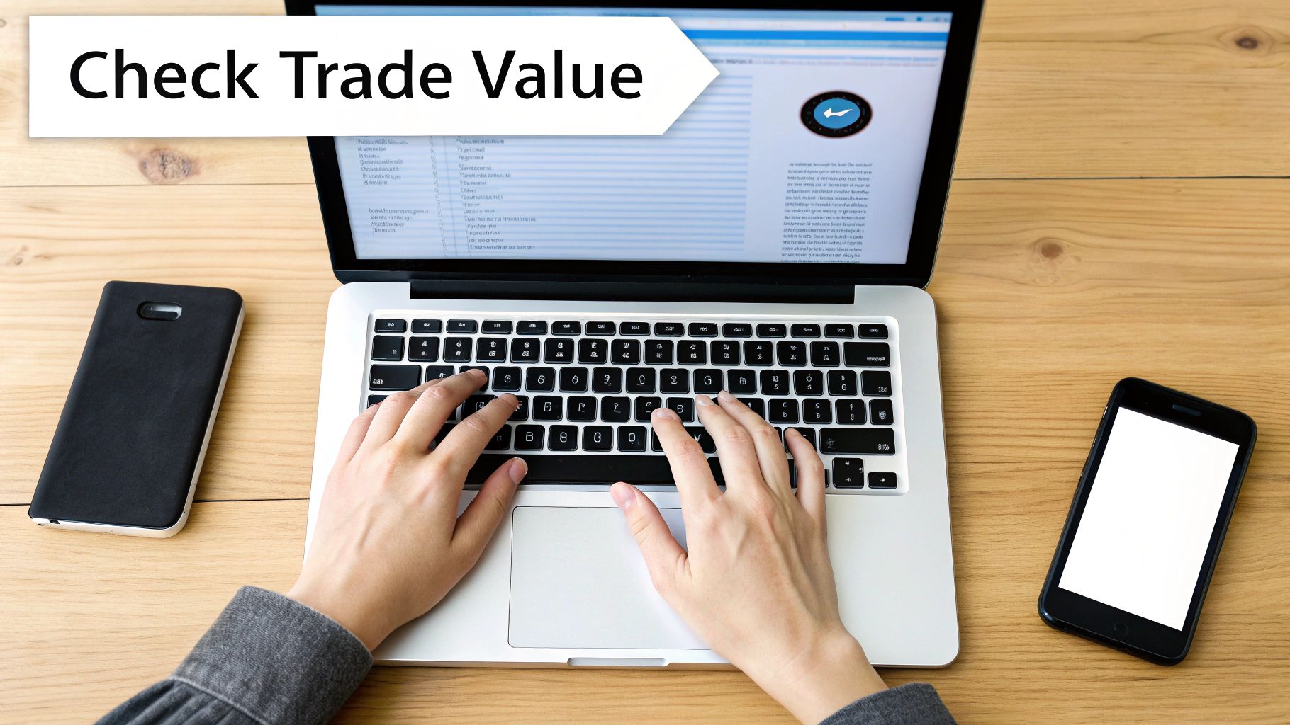 A person holding an iPhone, which is displaying a trade-in value on the screen.