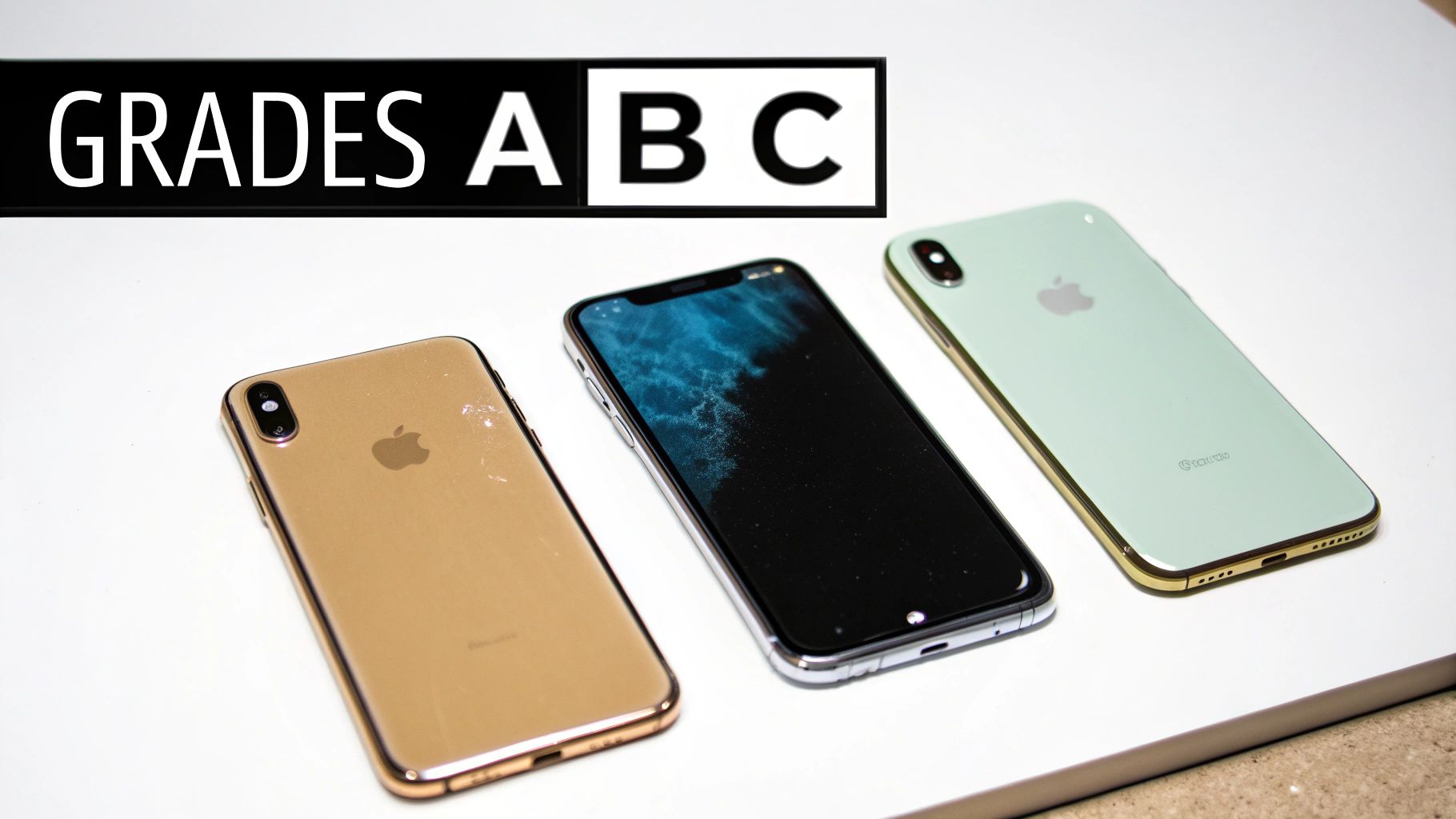 A close-up of different iPhones in a row, showing various conditions from pristine to slightly worn, illustrating the concept of grading.
