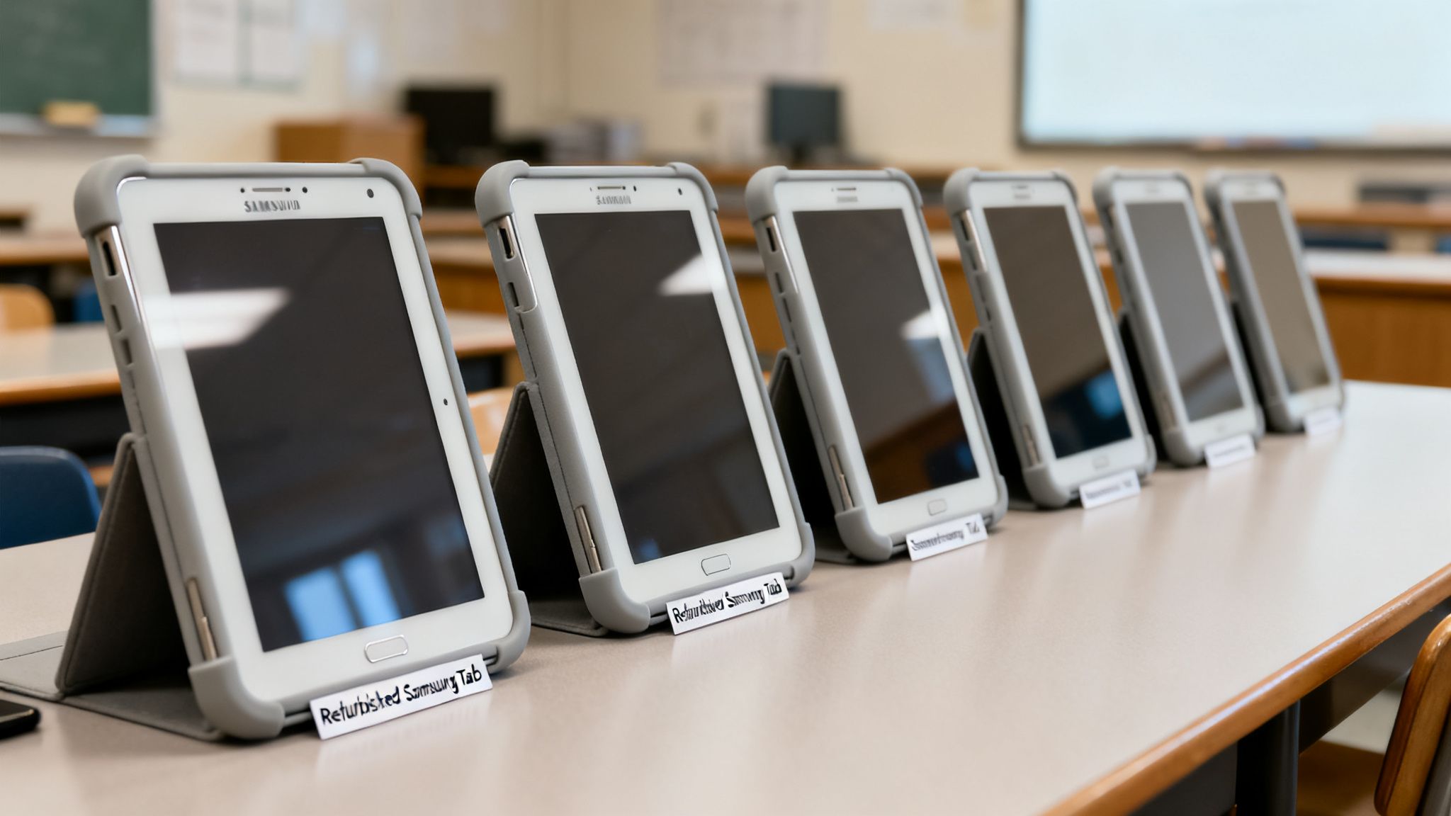 A row of refurbished Samsung tablets in grey cases displayed on a classroom table.