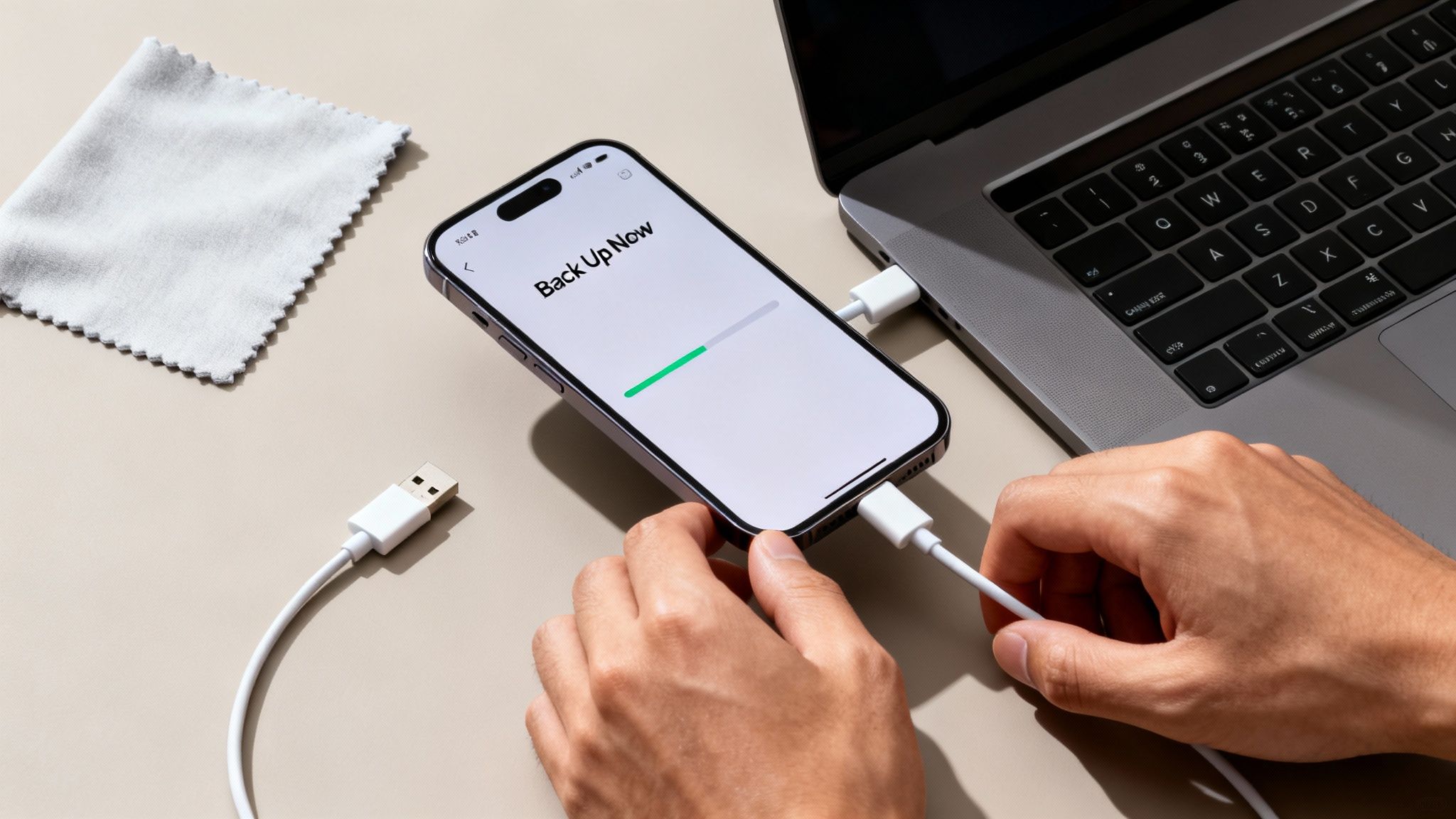 A person backs up their iPhone to a laptop using a white cable, with a progress bar on screen.