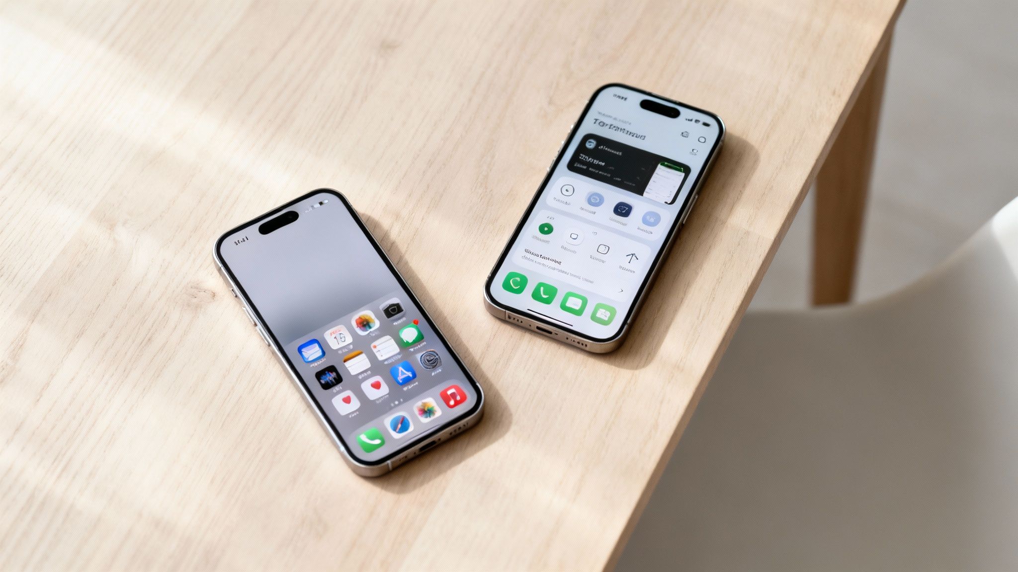 Two modern smartphones, likely iPhones, display their interfaces on a light wooden table.