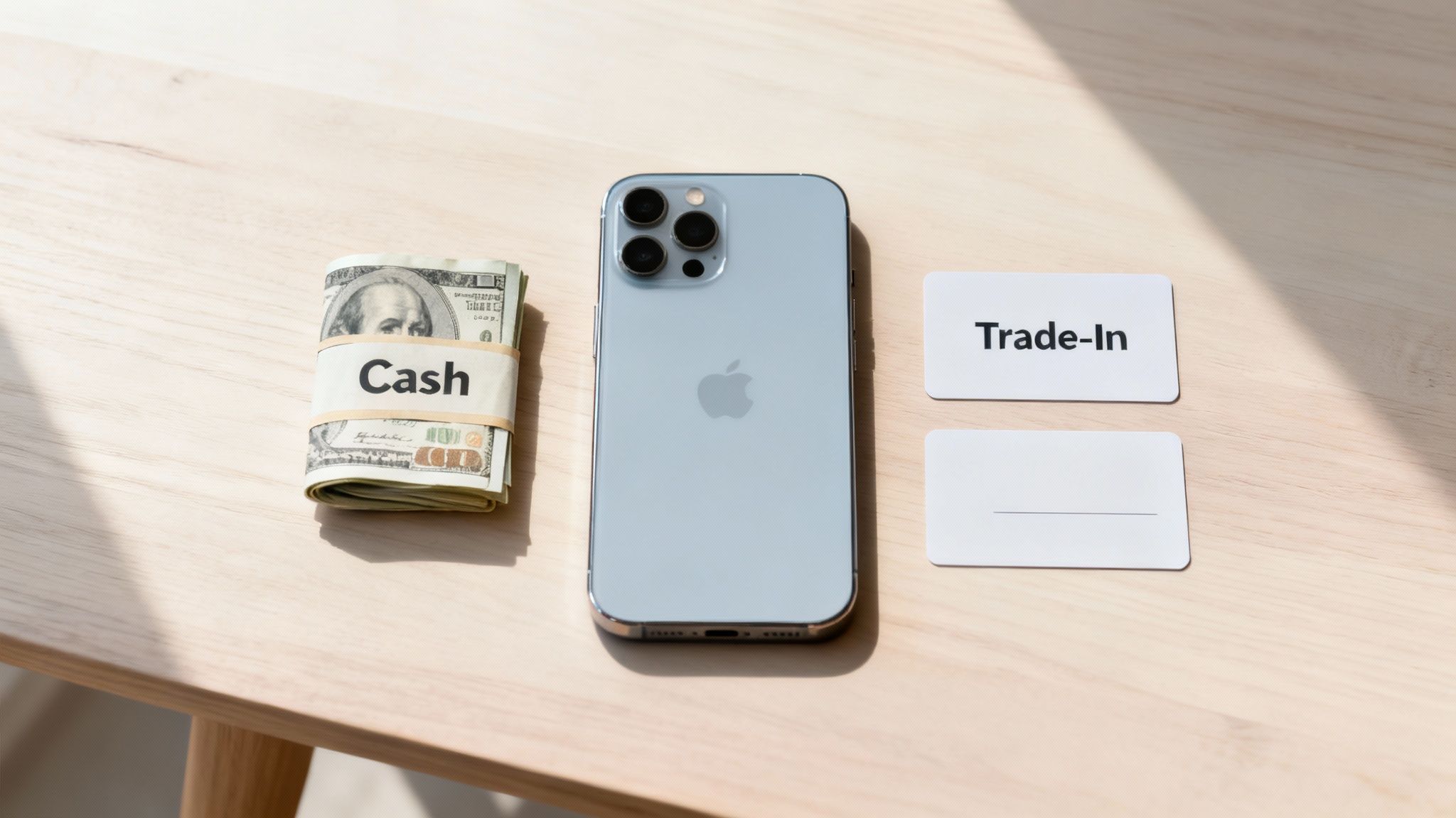 A light blue iPhone, a stack of cash, and 'Trade-In' cards on a wooden table.