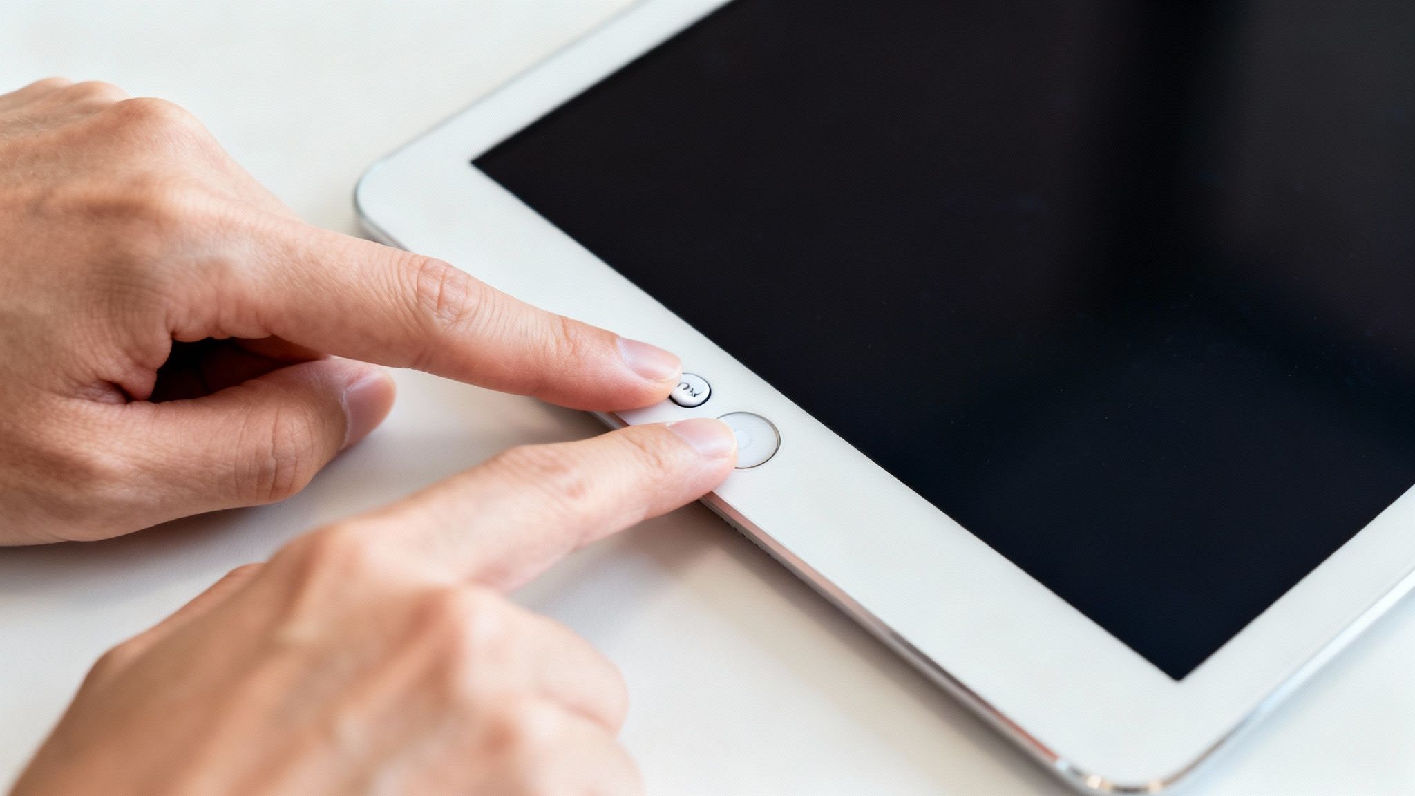 Close-up of hands pressing the home and volume buttons on a white iPad with a black screen.
