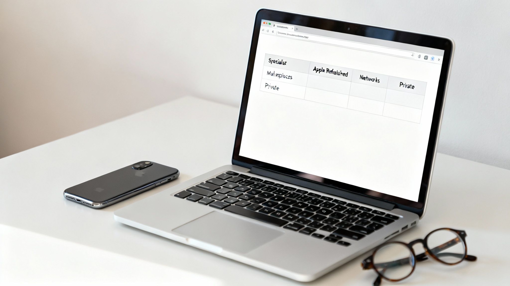 A modern workspace featuring a laptop displaying a table, a smartphone, and reading glasses on a clean white desk.