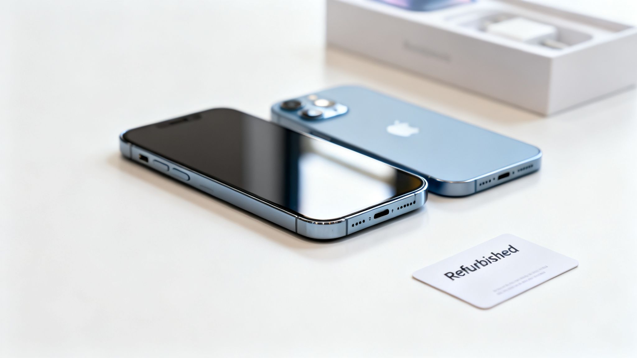 Two light blue iPhones, one face up, one face down, next to a 'Refurbished' card and an open box.