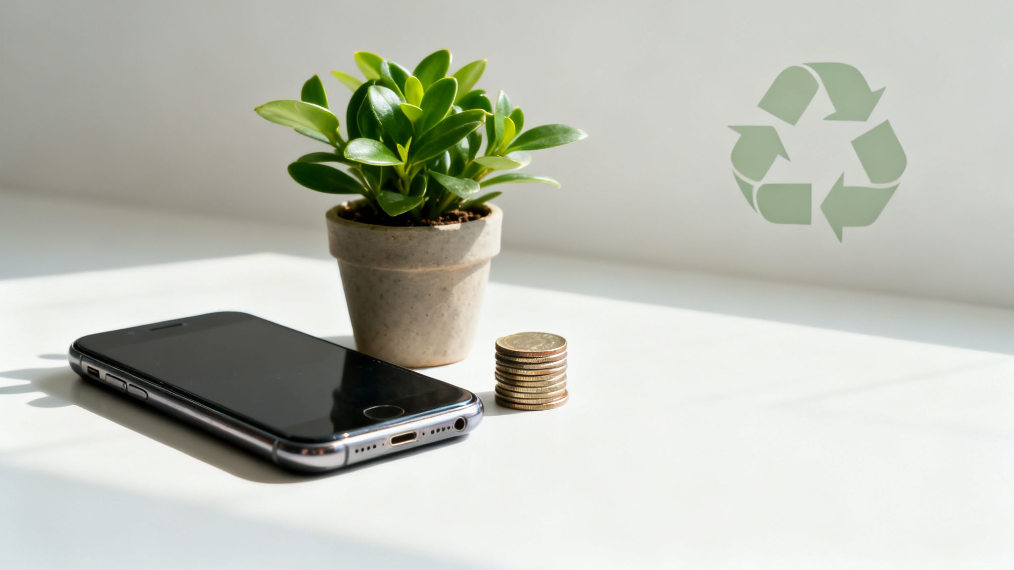 A black smartphone, a green plant, and coins next to a recycling symbol, representing sustainable finance.