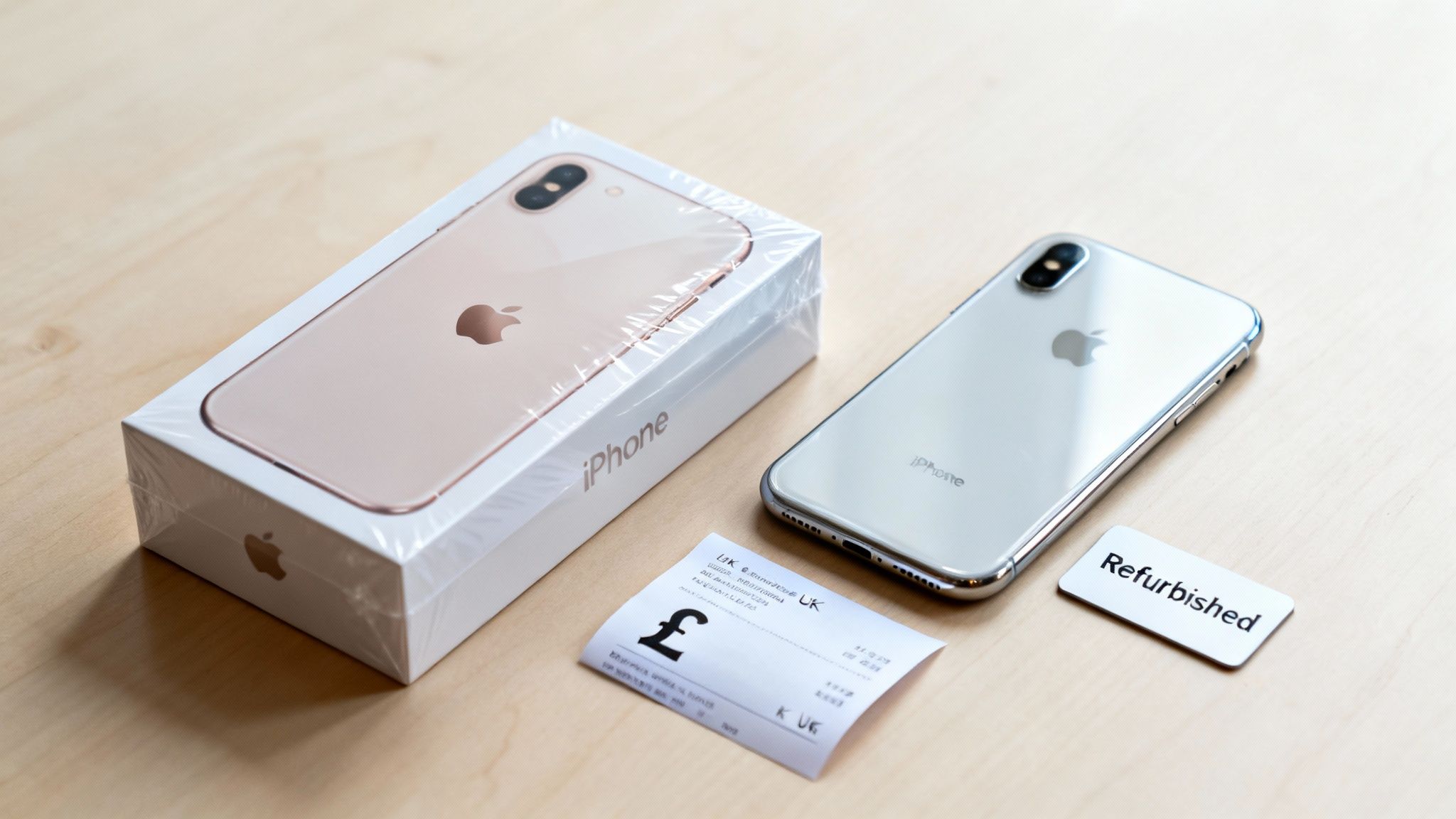 A new, sealed gold iPhone box sits next to a silver iPhone and a 'Refurbished' tag.