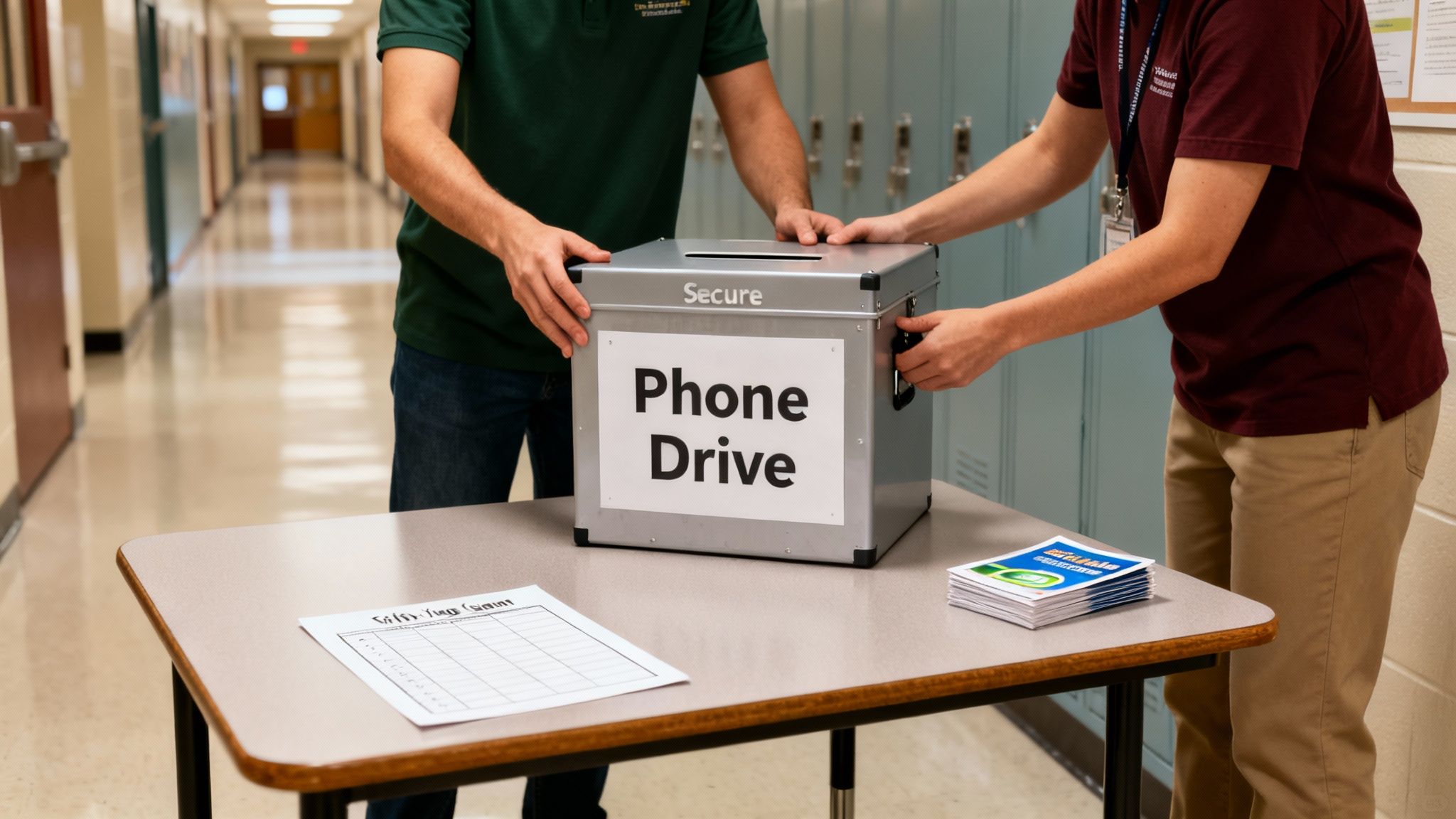 Two individuals organize a 'Secure Phone Drive' collection box in a school hallway with forms.